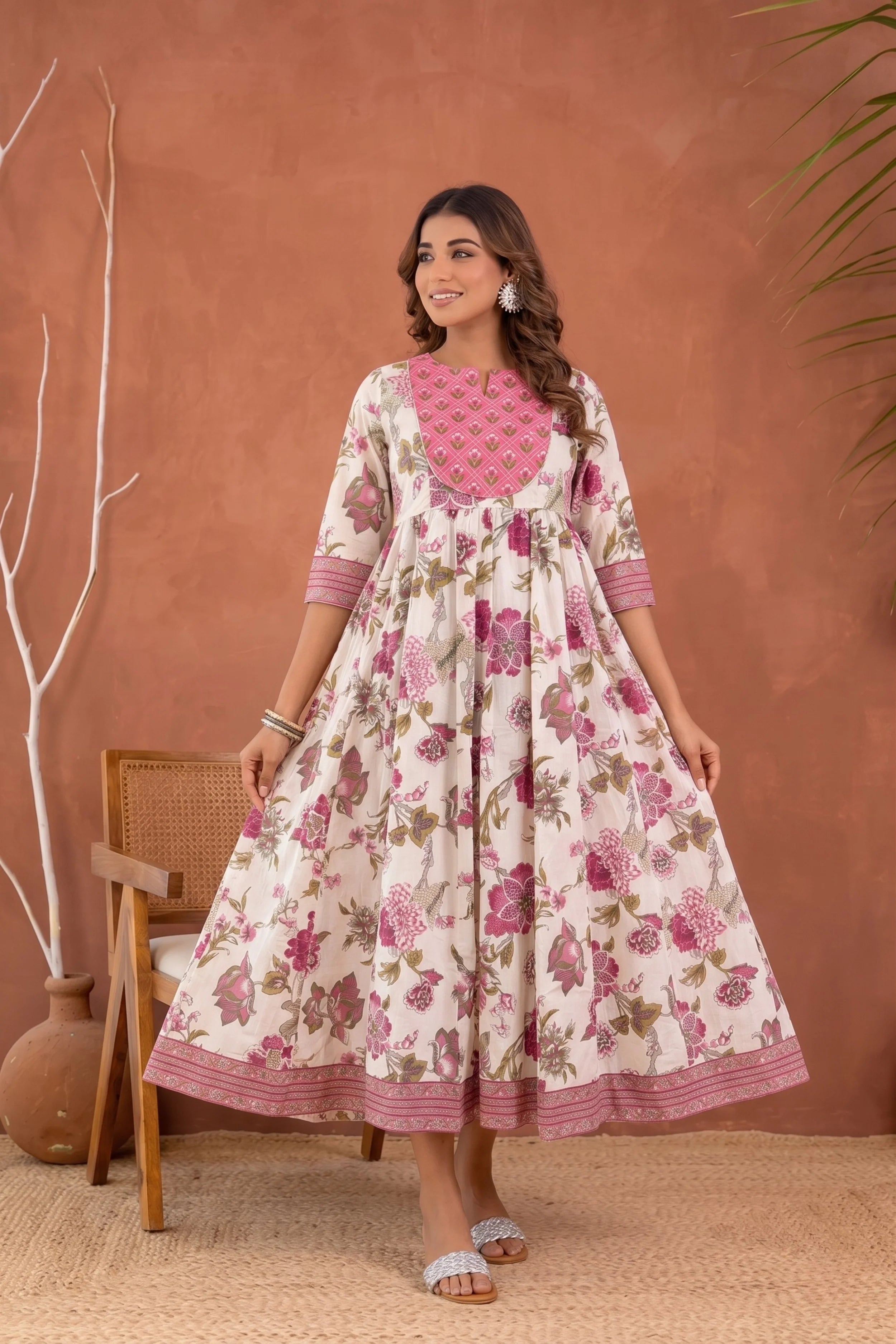 Pink Hand Printed Anarkali Kurta