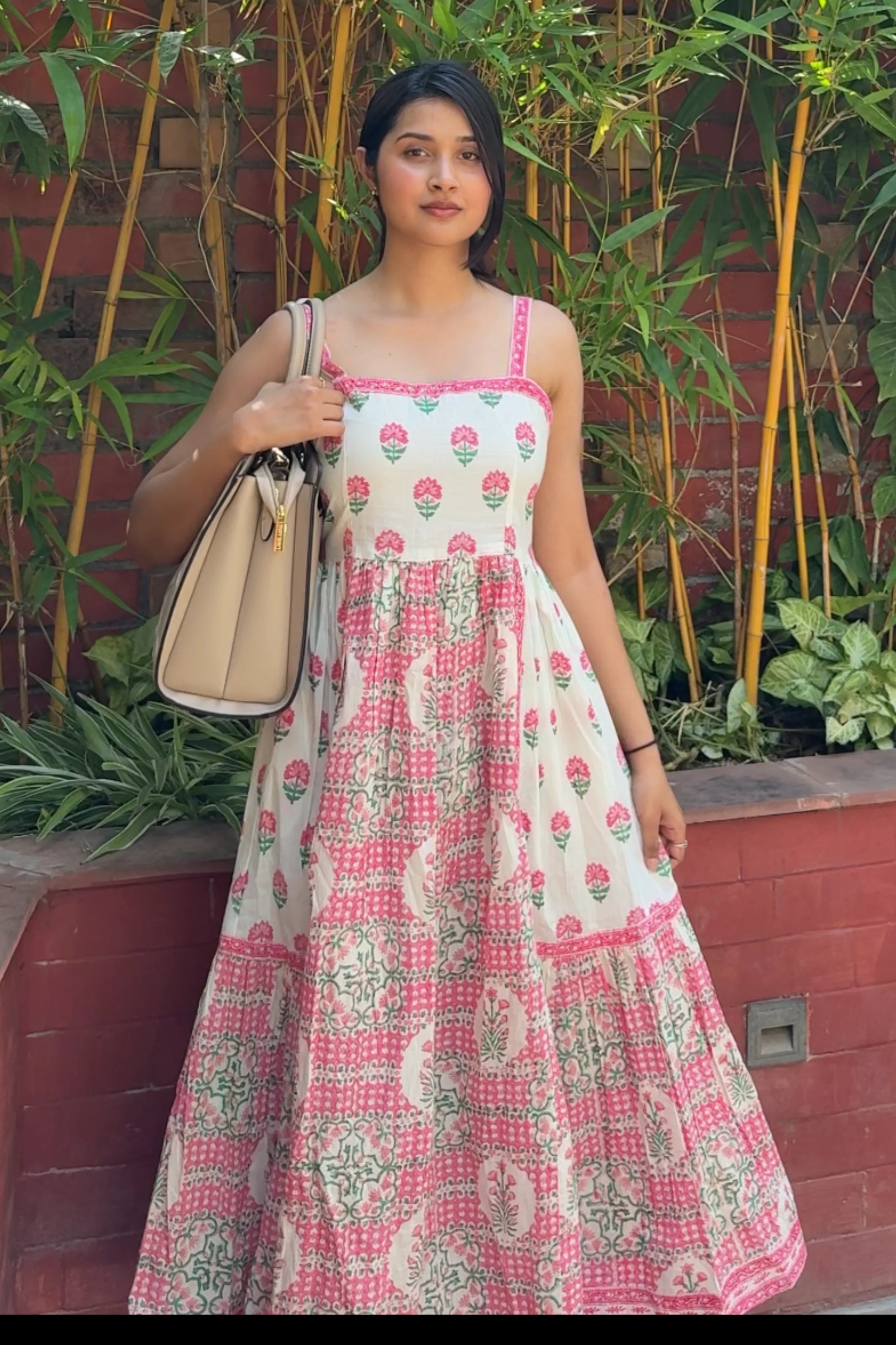 Light Pink Hand Block Floral Printed Sleeveless Tiered Midi Dress