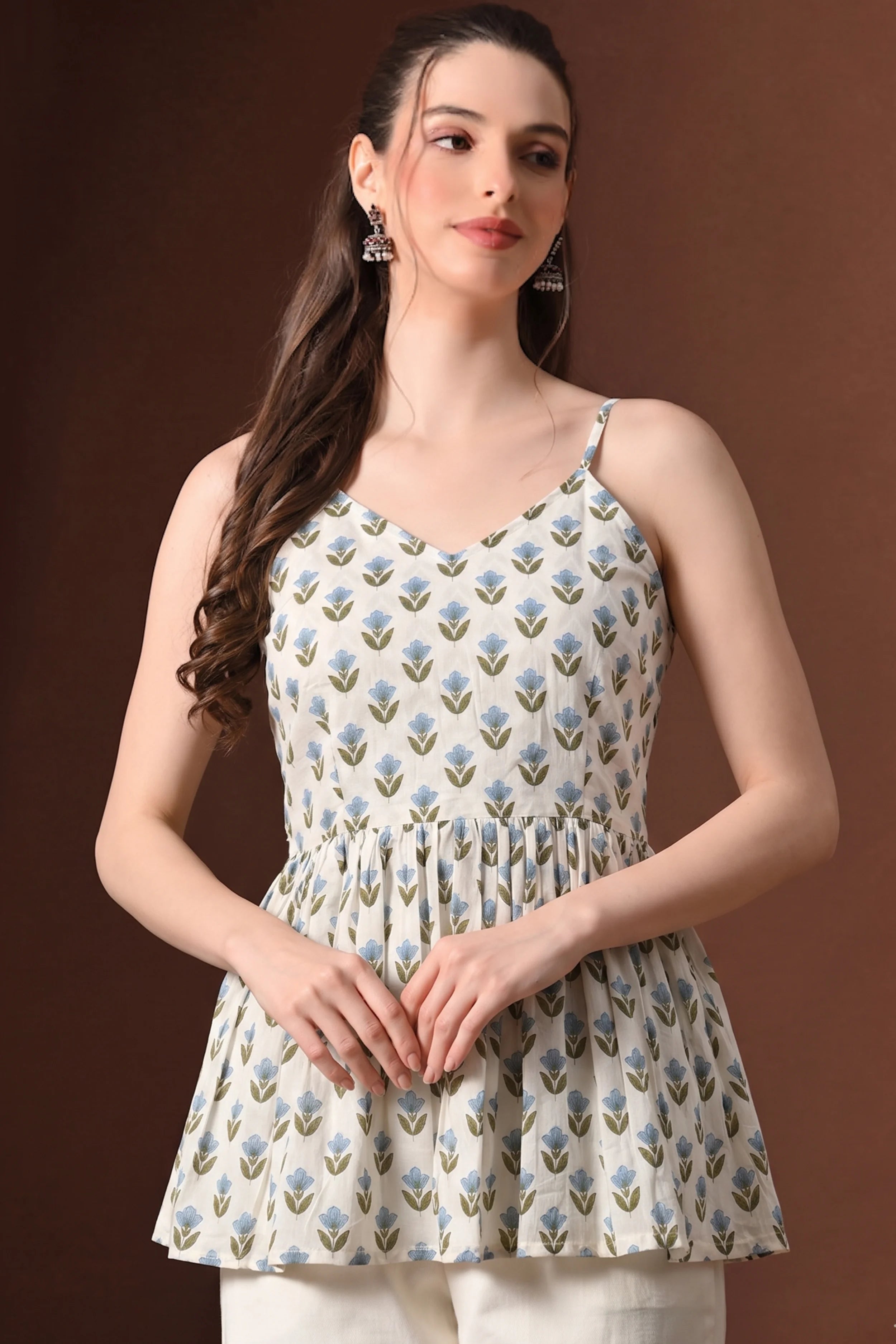 Blue Floral Hand Printed Cotton Spaghetti Top with Lining