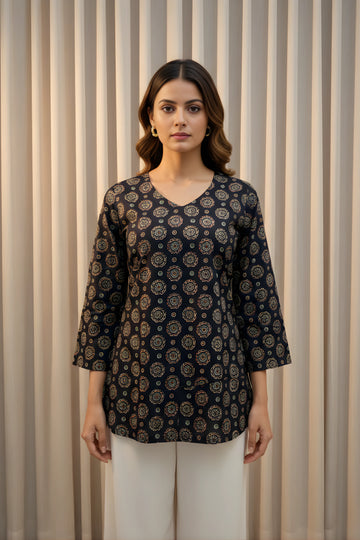 Black Hand Printed Short Kurti