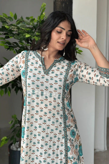Sea Green Hand Printed A-line Kurta