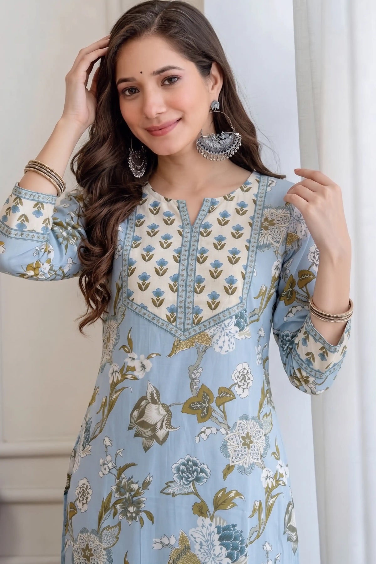 Cream Blue Hand Printed Straight cotton Kurta