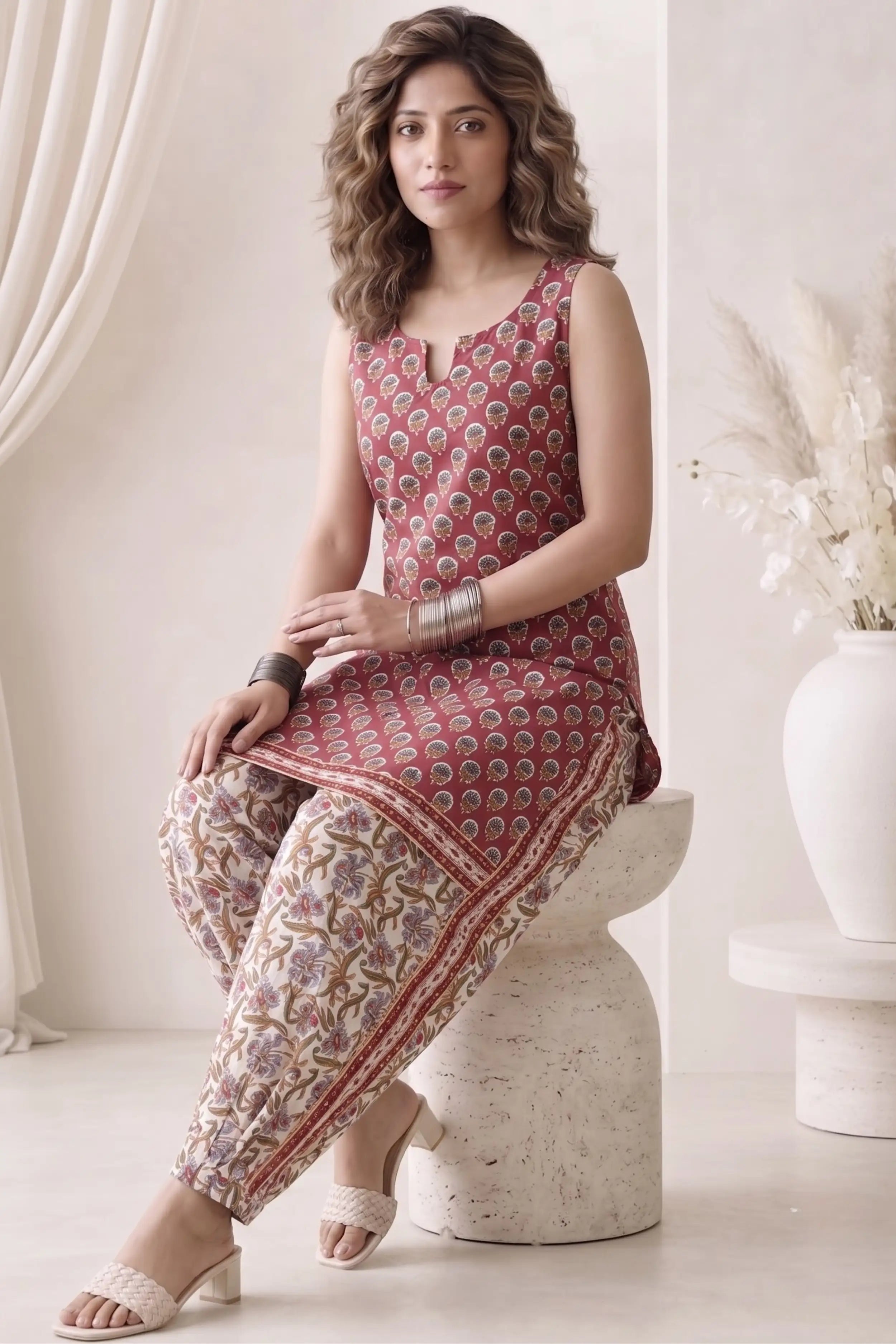 Red Sleeveless Round Neck Kurti with Trouser