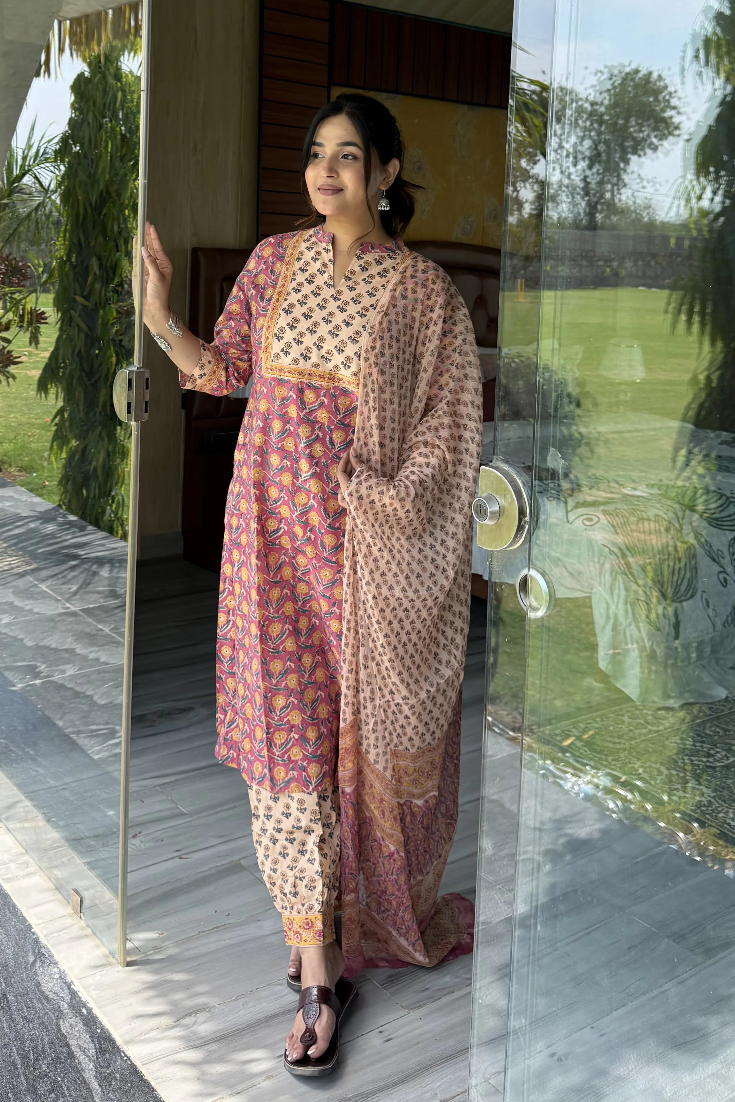 Coral Rust Hand Block Kurta Set with Chiffon Dupatta