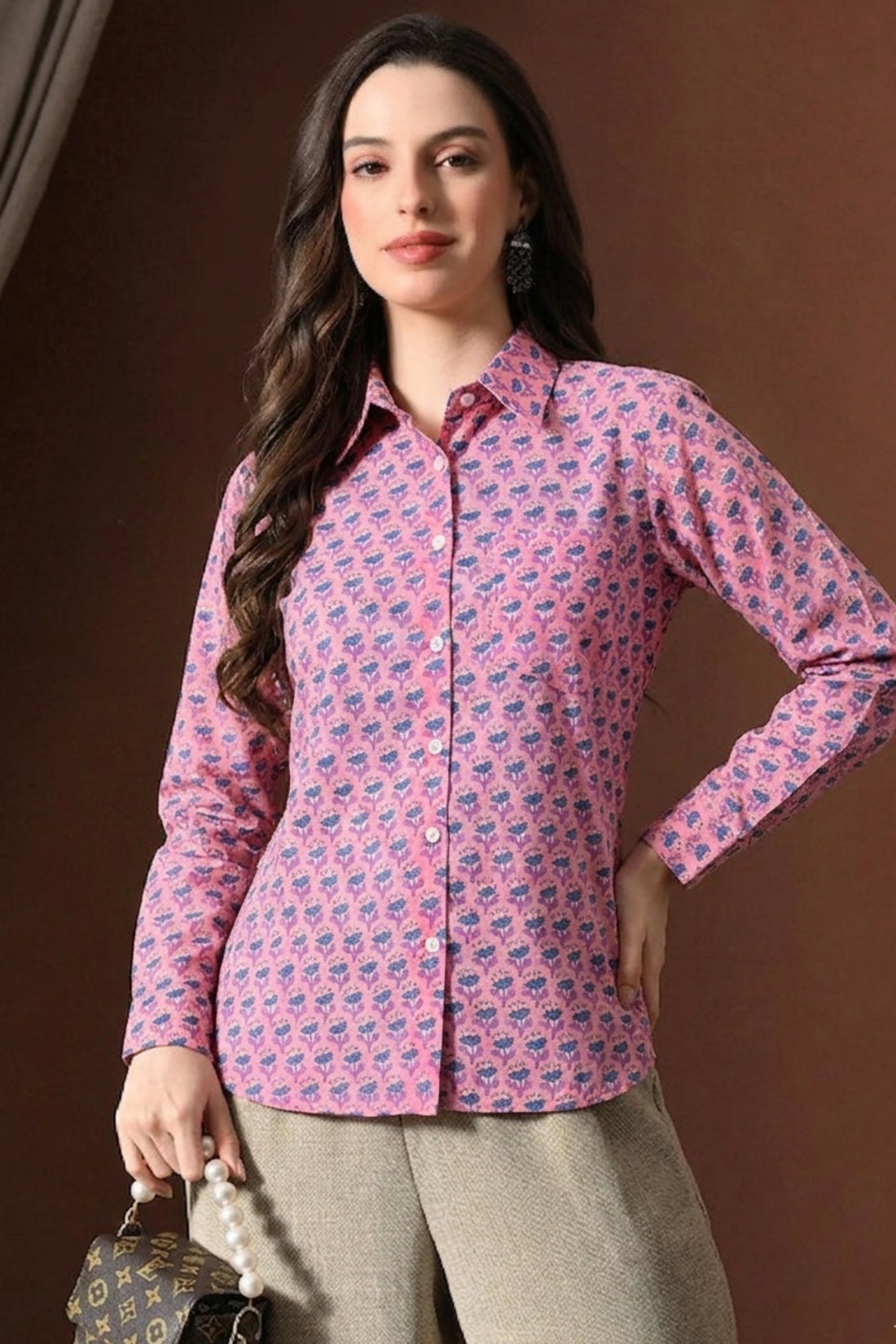 Dusty Rose Hand Block Printed Collared Shirt