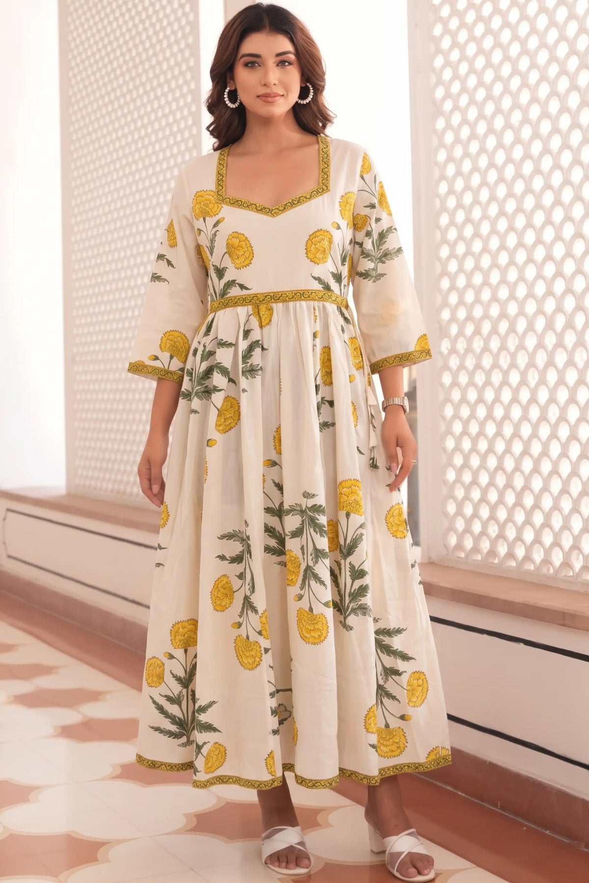 Yellow Hand-Printed Anarkali Maxi Dress