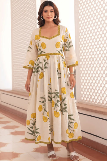 Yellow Hand-Printed Anarkali Maxi Dress