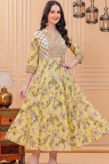 Yellow Floral Hand Printed Anarkali Maxi Dress