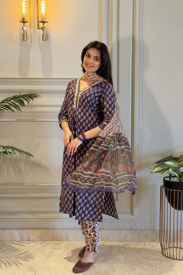 Royal Blue Hand Block Printed Straight Kurta Set with Dupatta