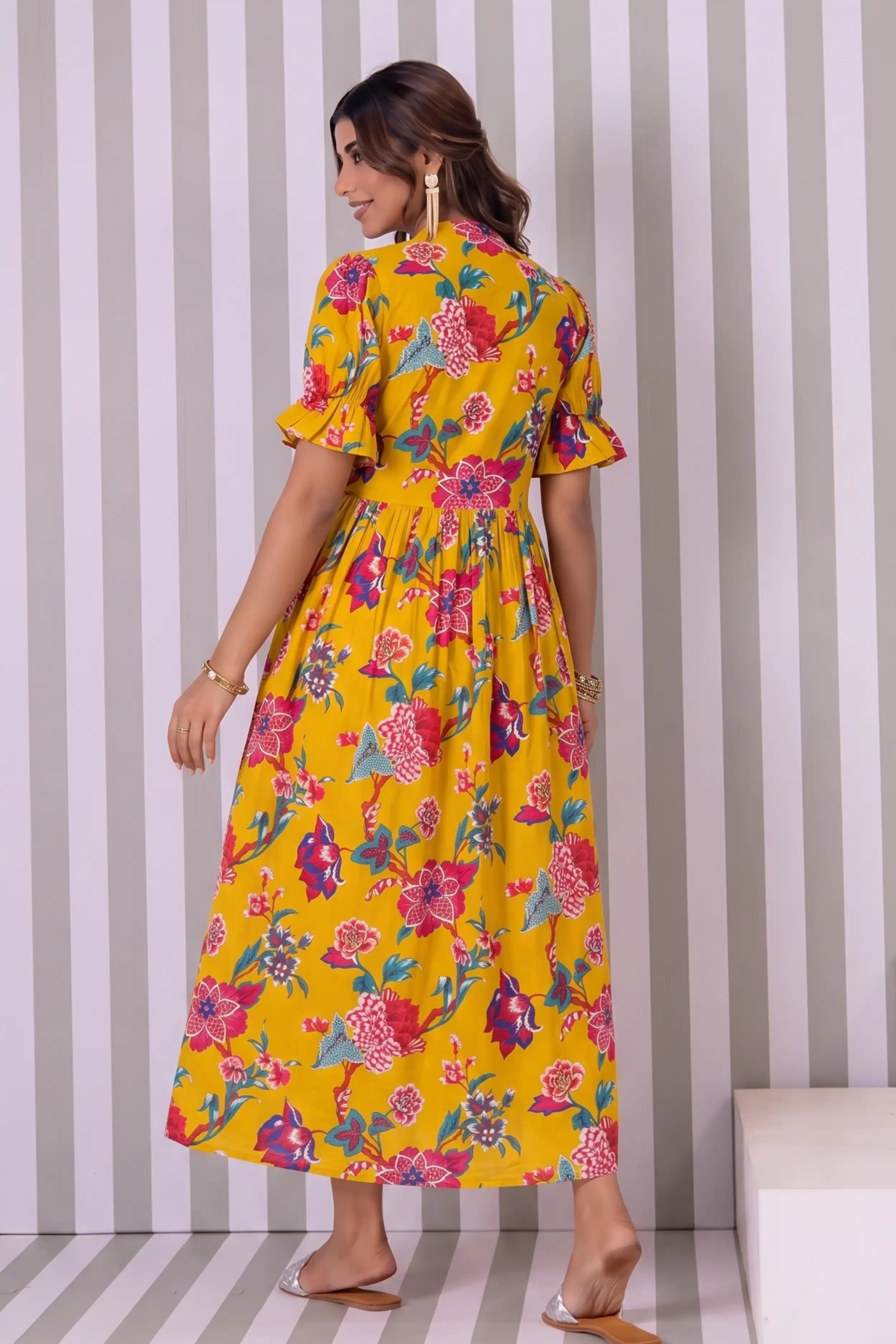 Mustard Hand Printed V-Neck Front-Open Long Dress
