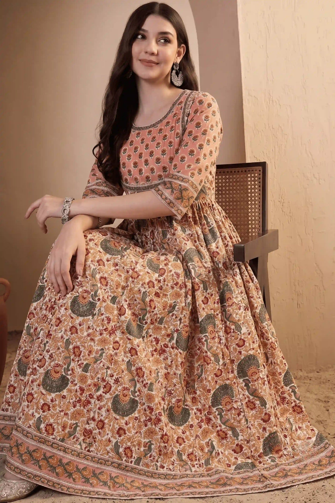 Peach Hand Block Printed Anarkali Dress with Peacock Motifs
