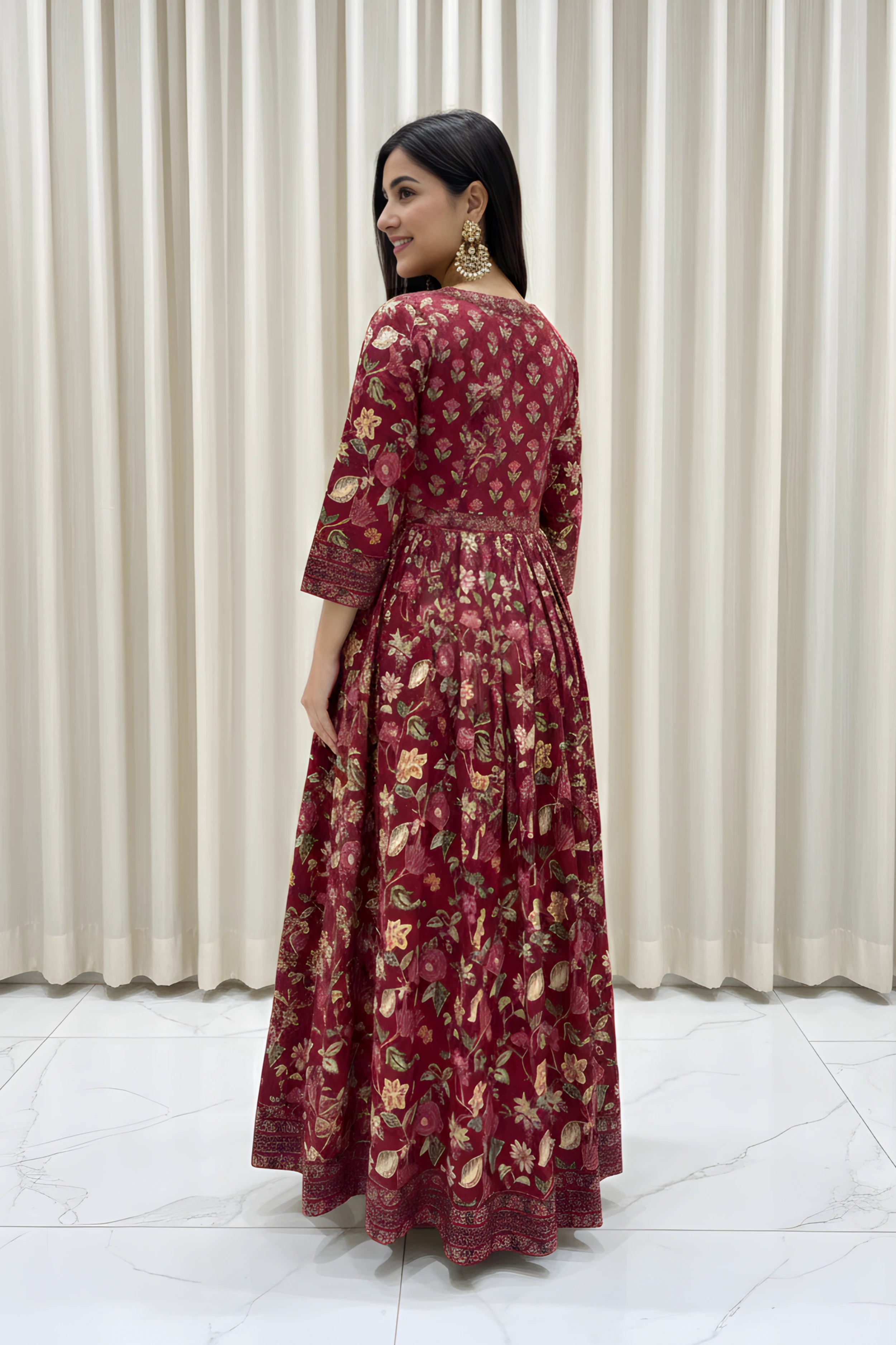 Wine Flared Anarkali Cotton Kurta with Floral Print