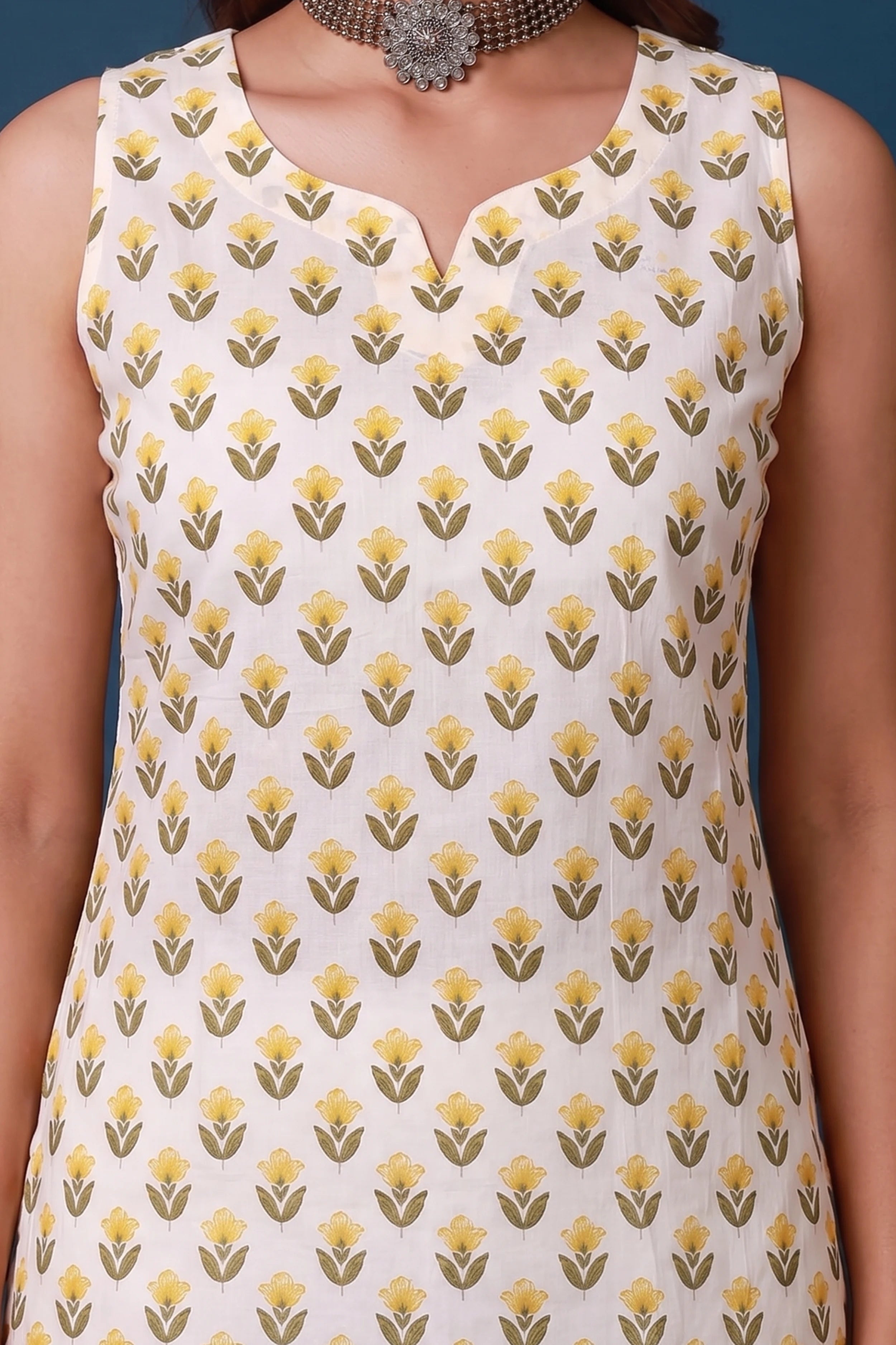 Yellow Hand Printed Sleeveless Straight Kurta