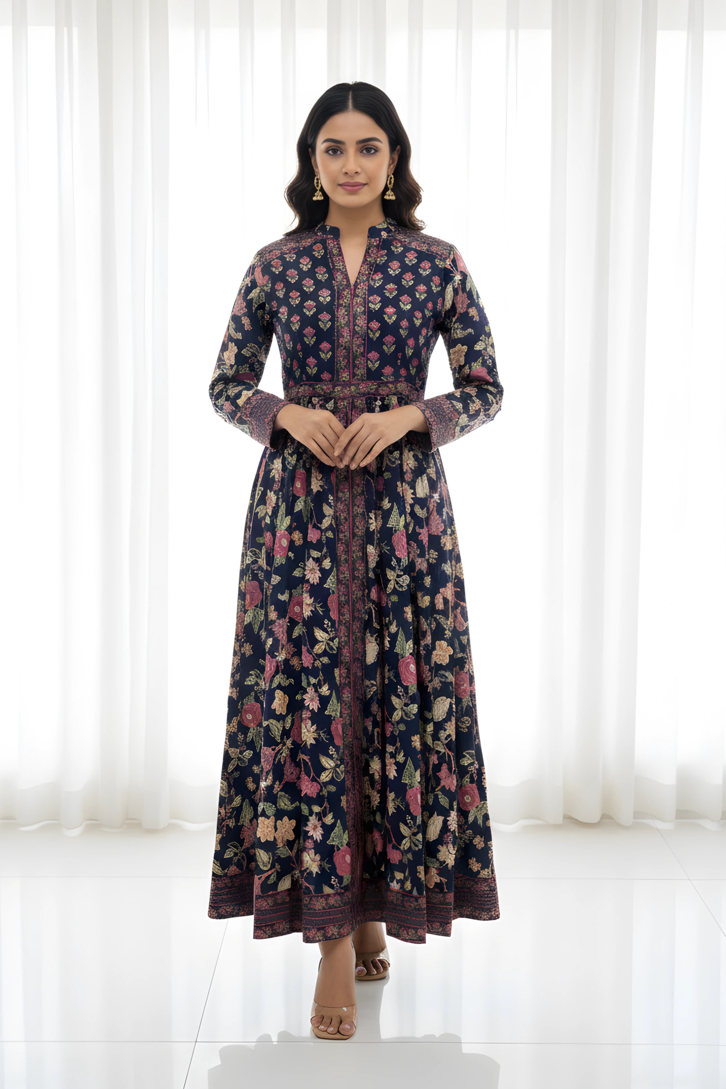 Navy Anarkali Cotton Hand Block Printed Ethnic Maxi Dress