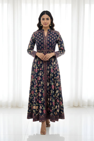 Navy Anarkali Cotton Hand Block Printed Ethnic Maxi Dress