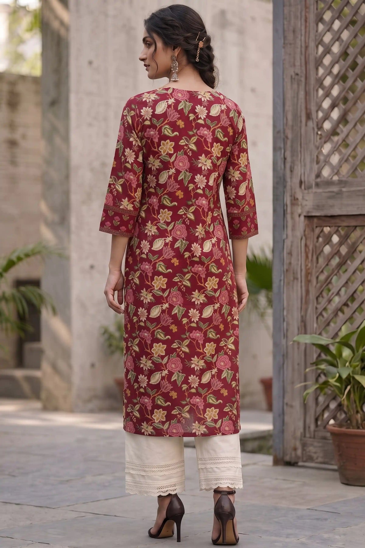 Wine Hand Printed Straight cotton Kurta