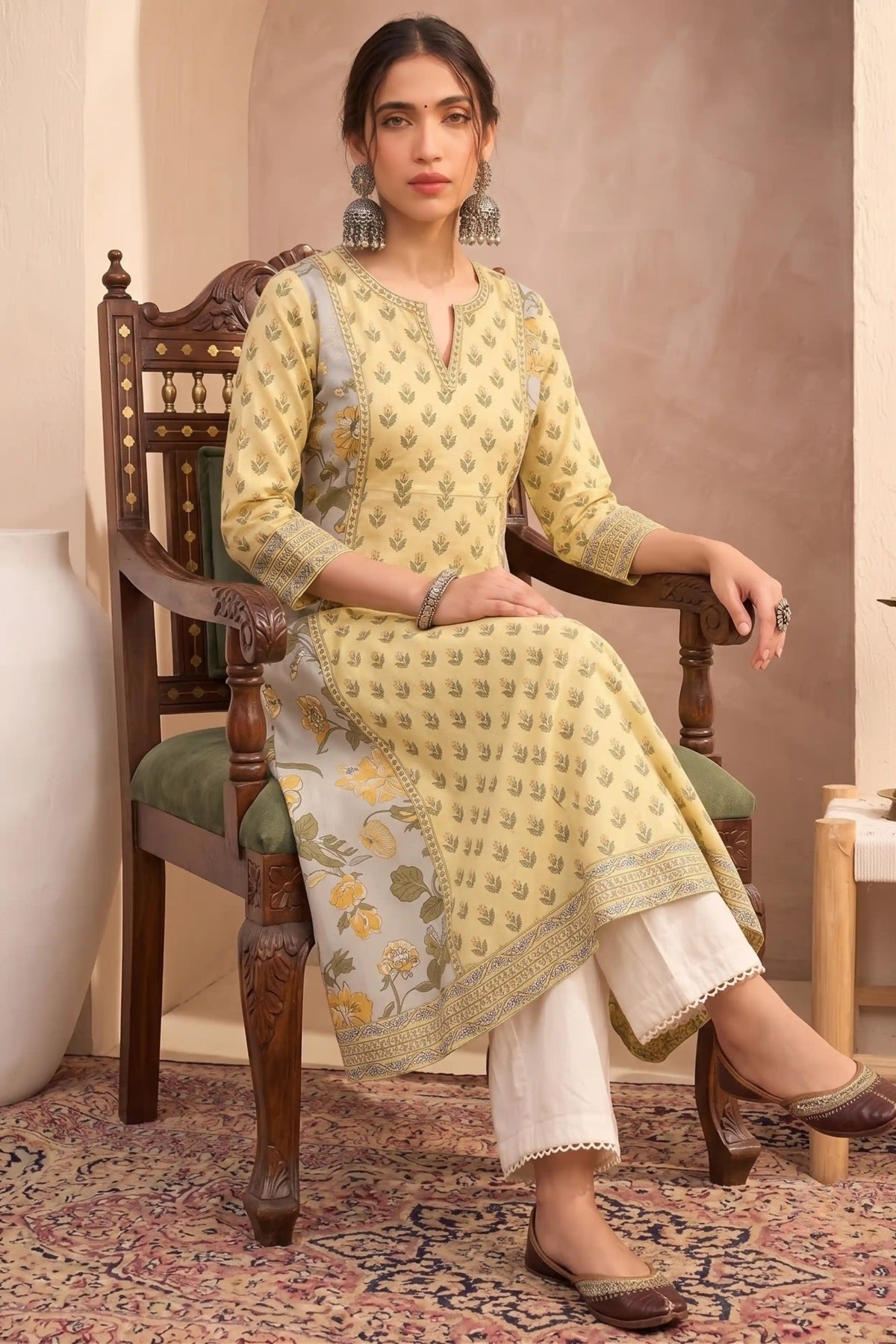 Light Yellow Hand Printed A-line Kurta