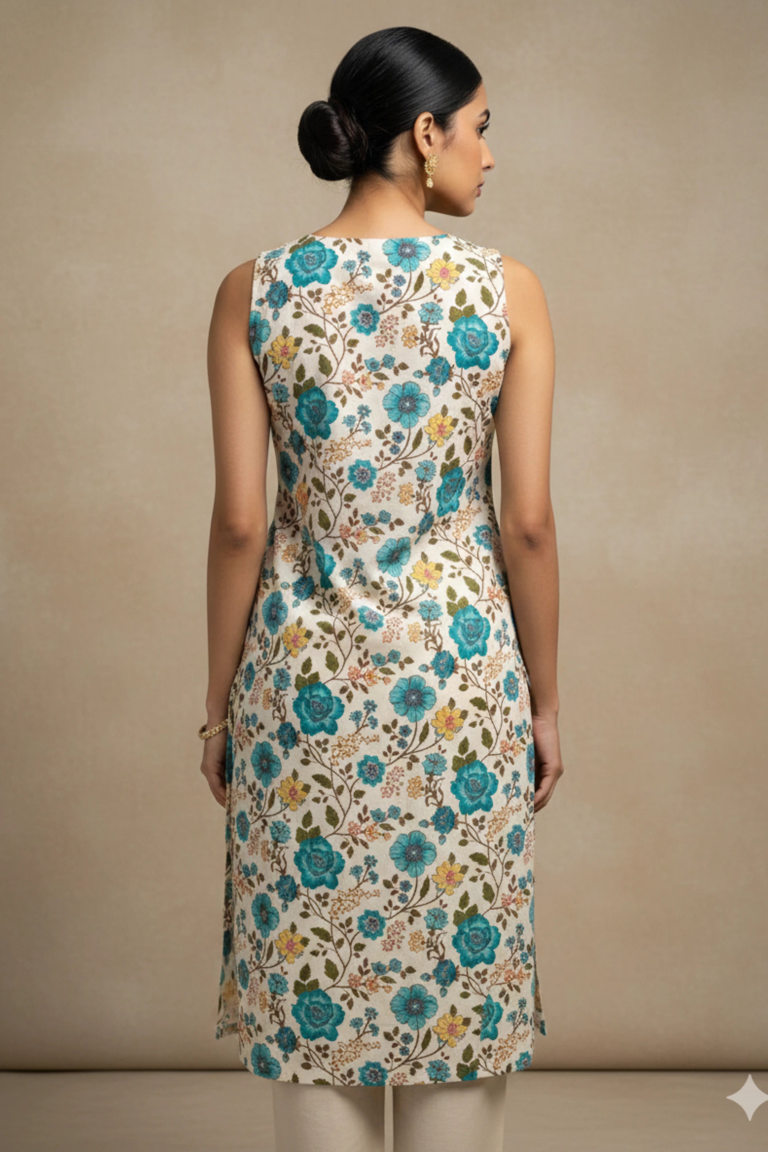 Green Hand Printed Sleeveless Straight Kurta
