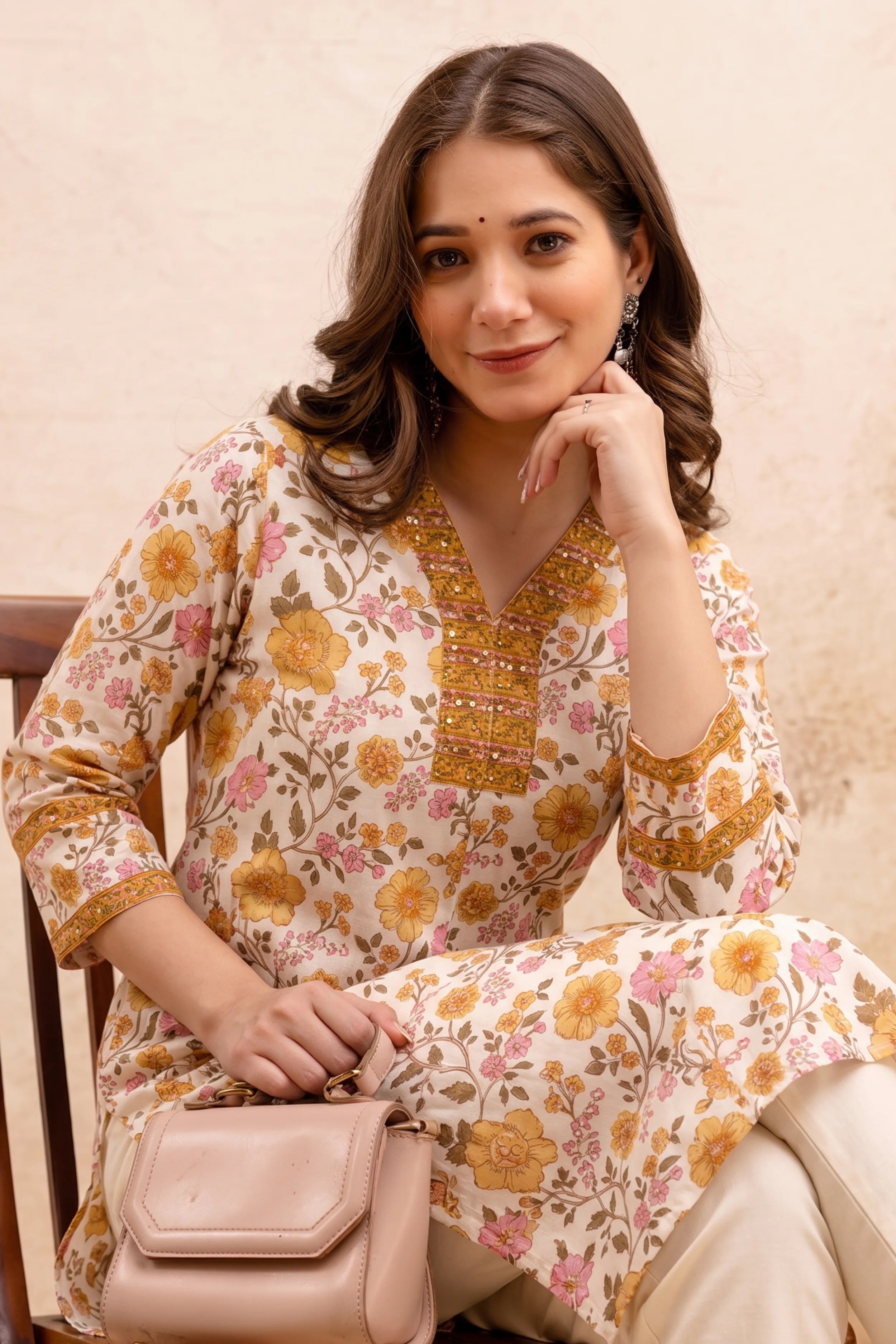 Yellow Floral V-Neck Hand Printed Straight Kurta