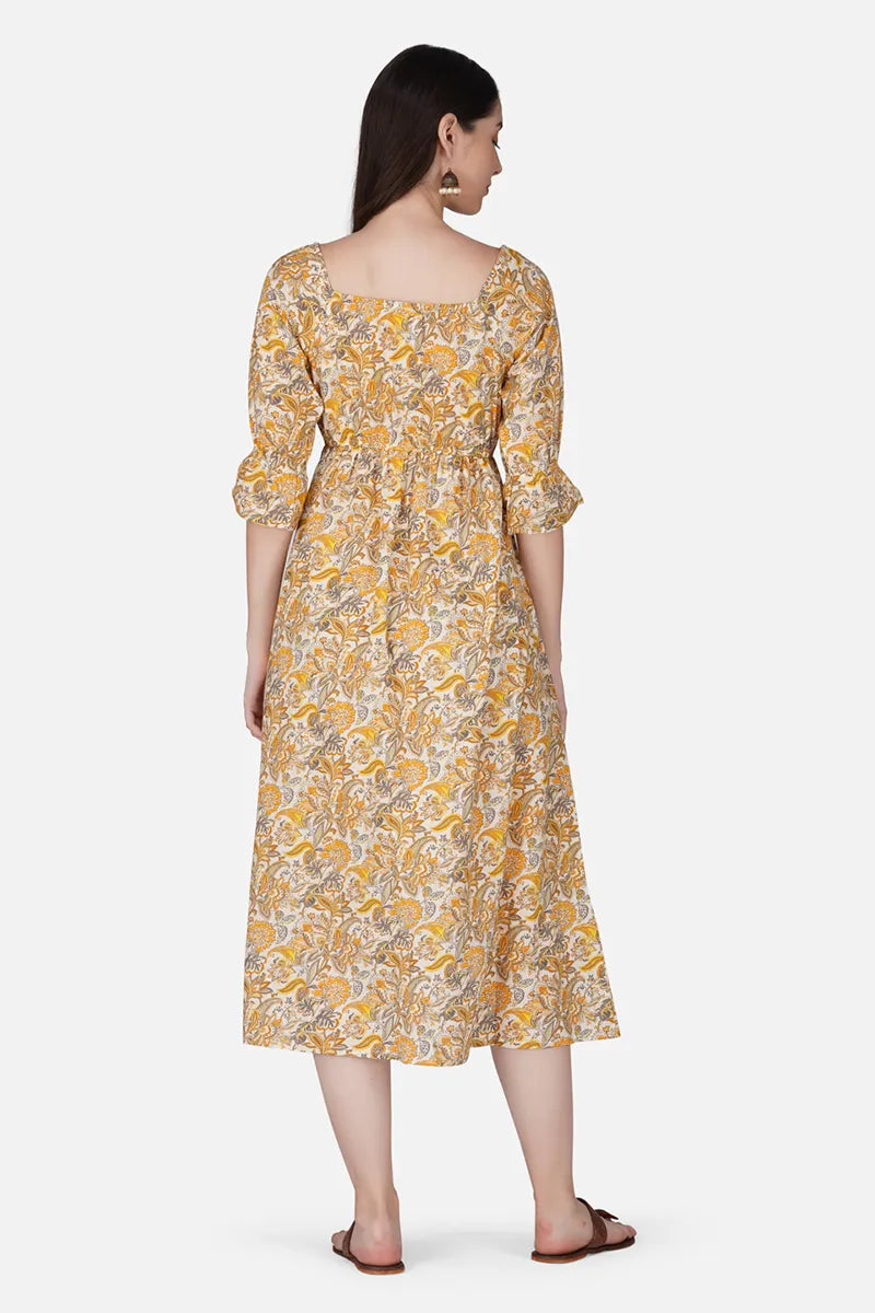 Yellow Block Printed Square Neck Dress With Flared Hem And Front Bottom Slit