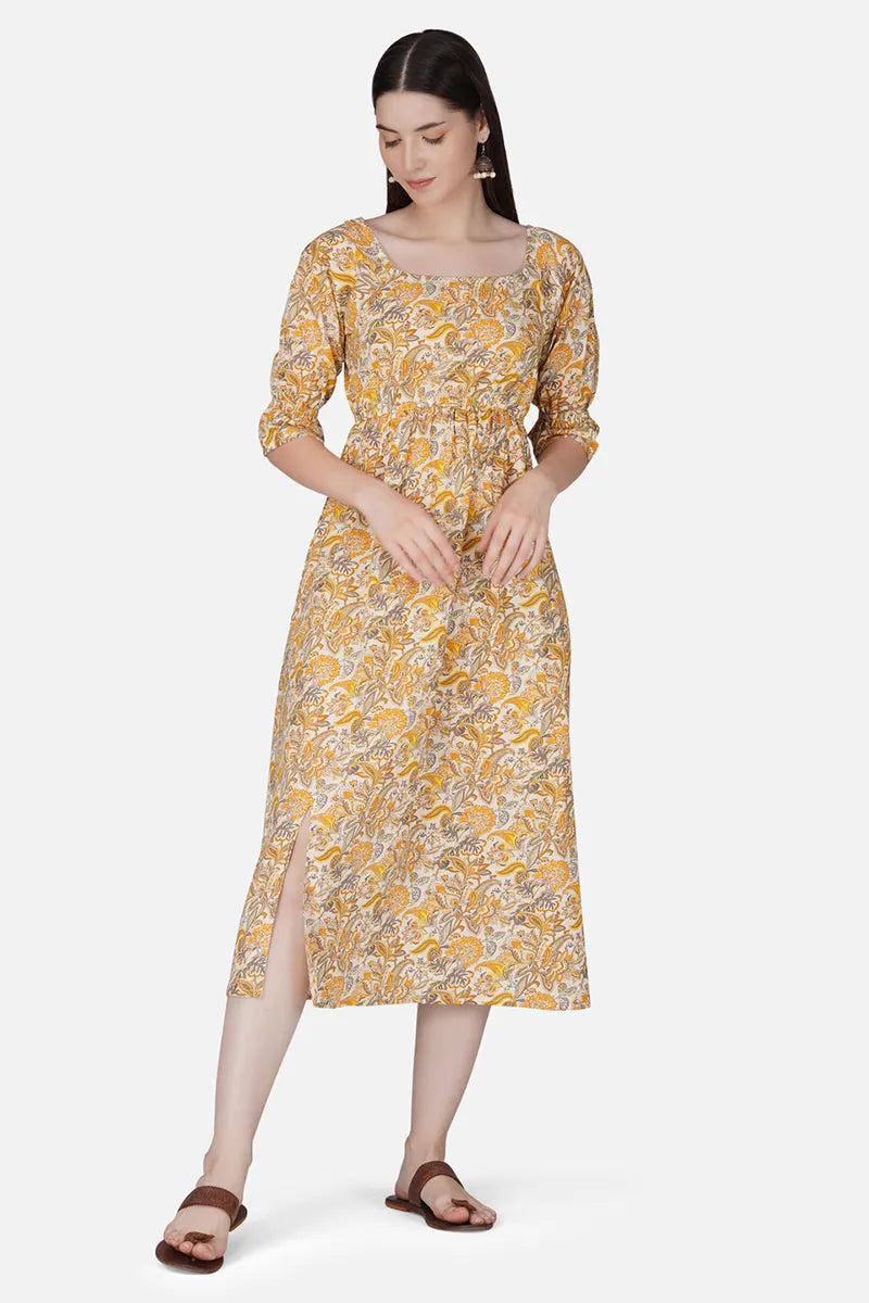 Yellow Block Printed Square Neck Dress With Flared Hem And Front Bottom Slit