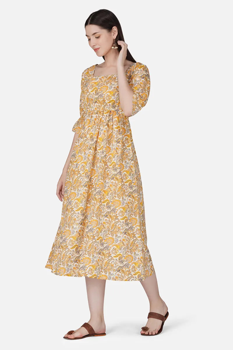 Yellow Block Printed Square Neck Dress With Flared Hem And Front Bottom Slit