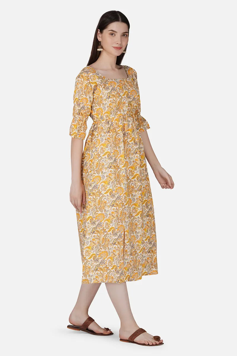 Yellow Block Printed Square Neck Dress With Flared Hem And Front Bottom Slit