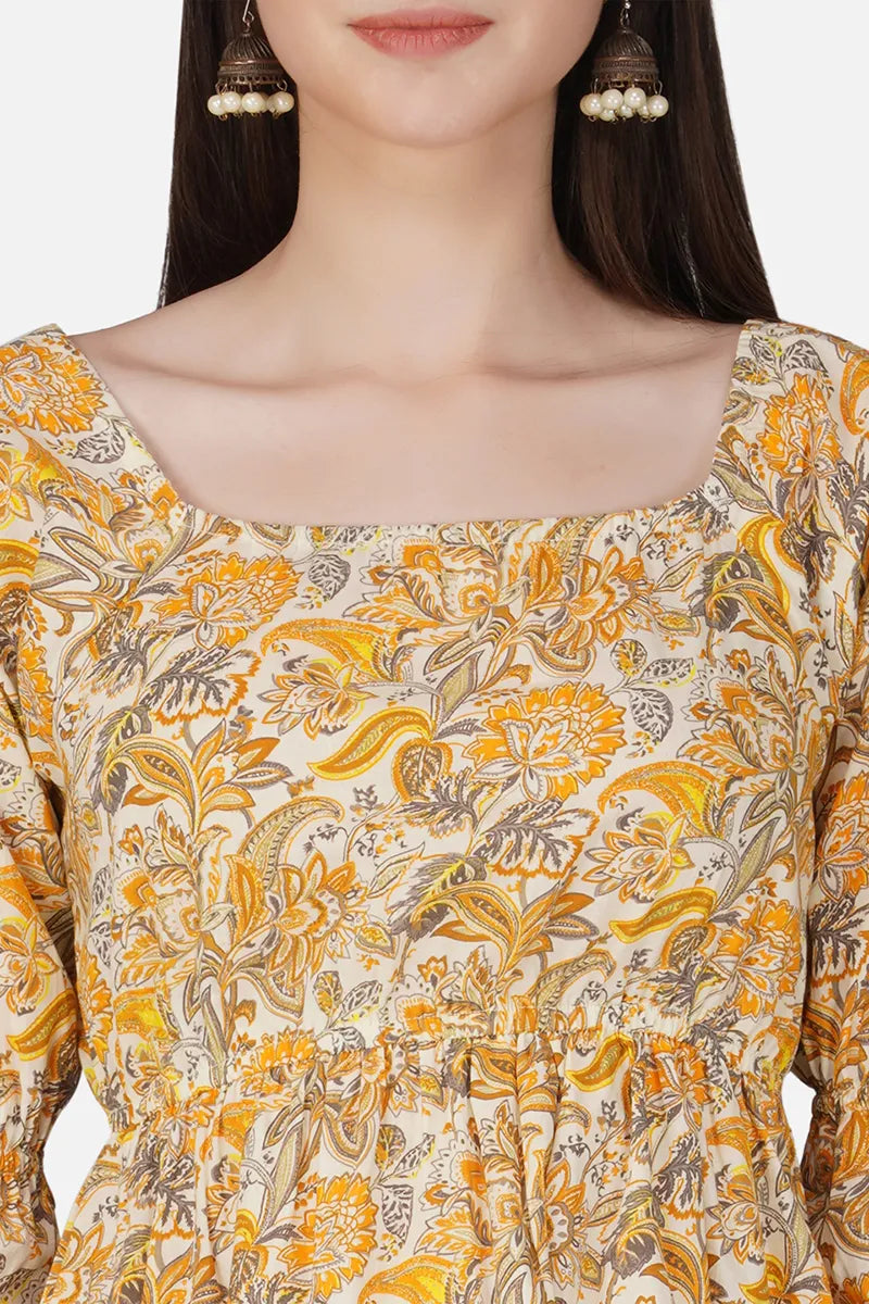 Yellow Block Printed Square Neck Dress With Flared Hem And Front Bottom Slit