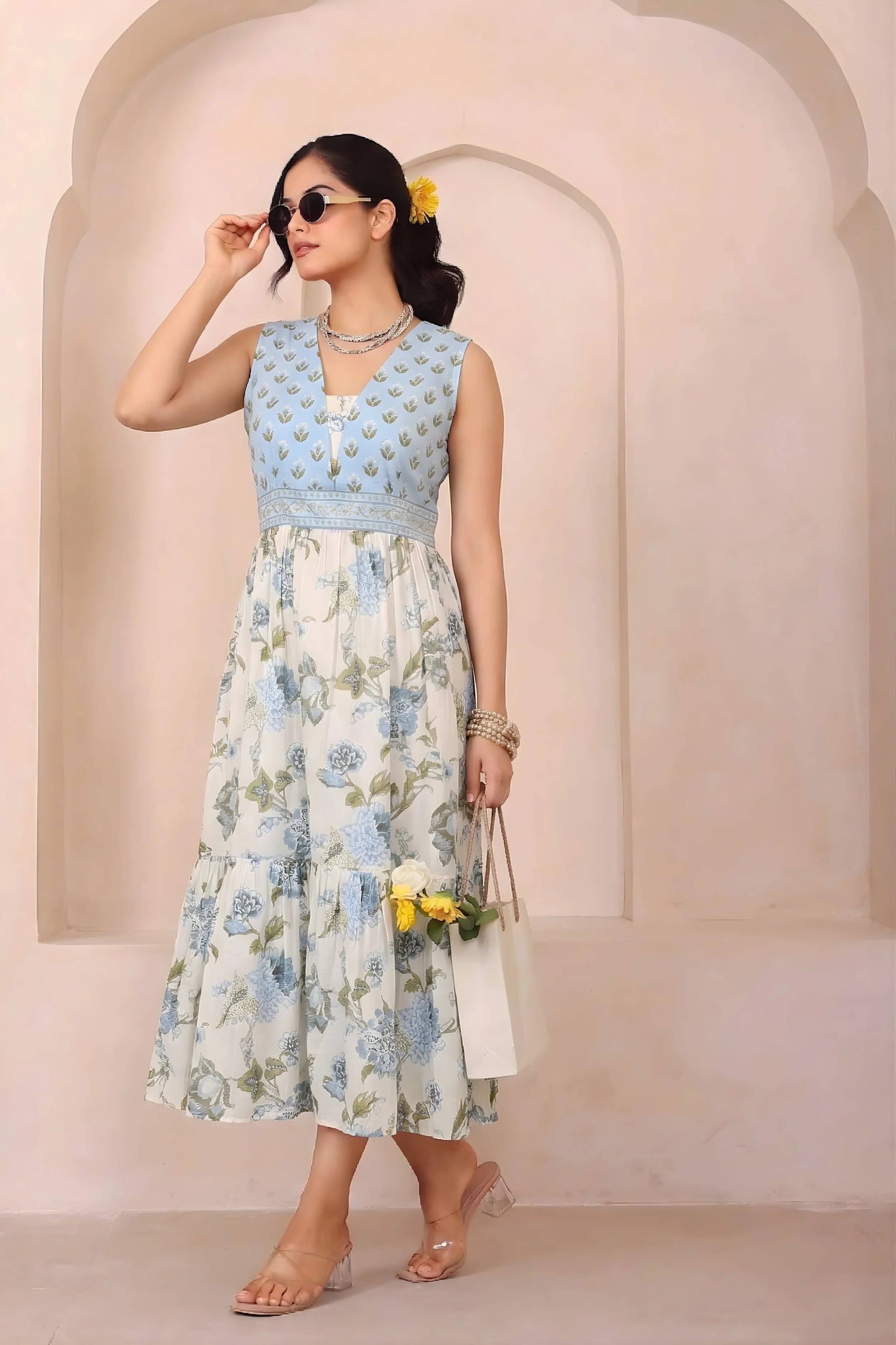 Light Blue Floral Hand Printed Cotton Sleeveless Dress