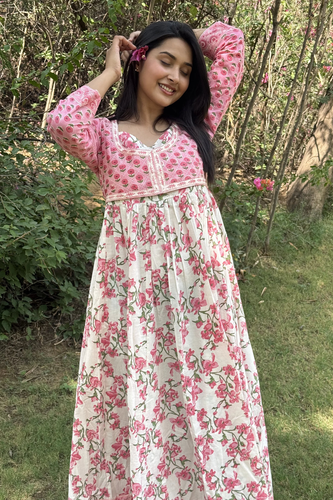 Baby Pink Hand Block Floral Printed Anarkali Maxi Kurta
