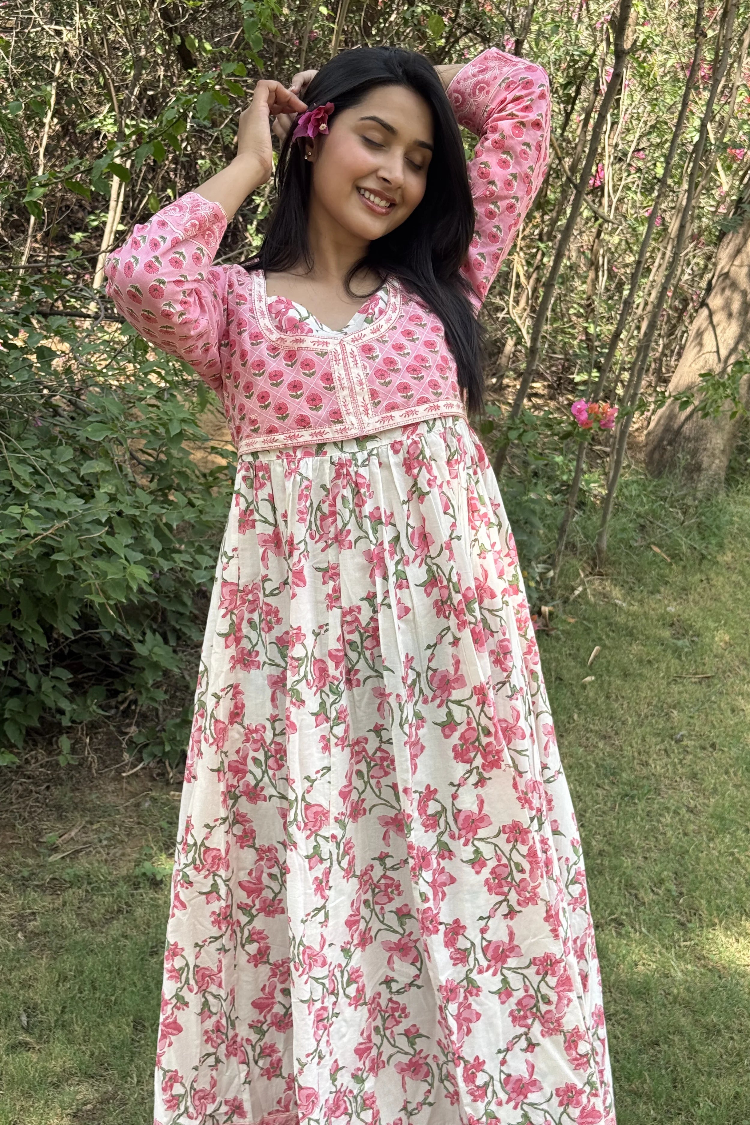 Baby Pink Hand Block Floral Printed Anarkali Maxi Kurta