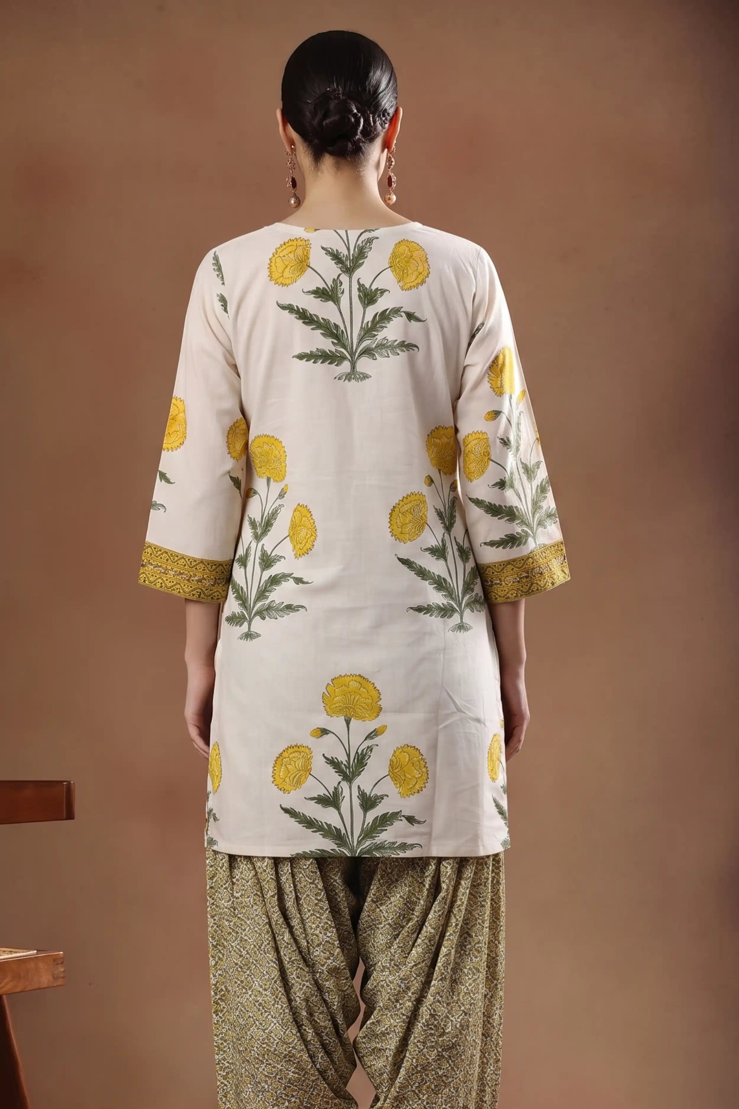Yellow Blue Floral Print Pure Cotton Farsi Salwar Set With Cotton Dupatta