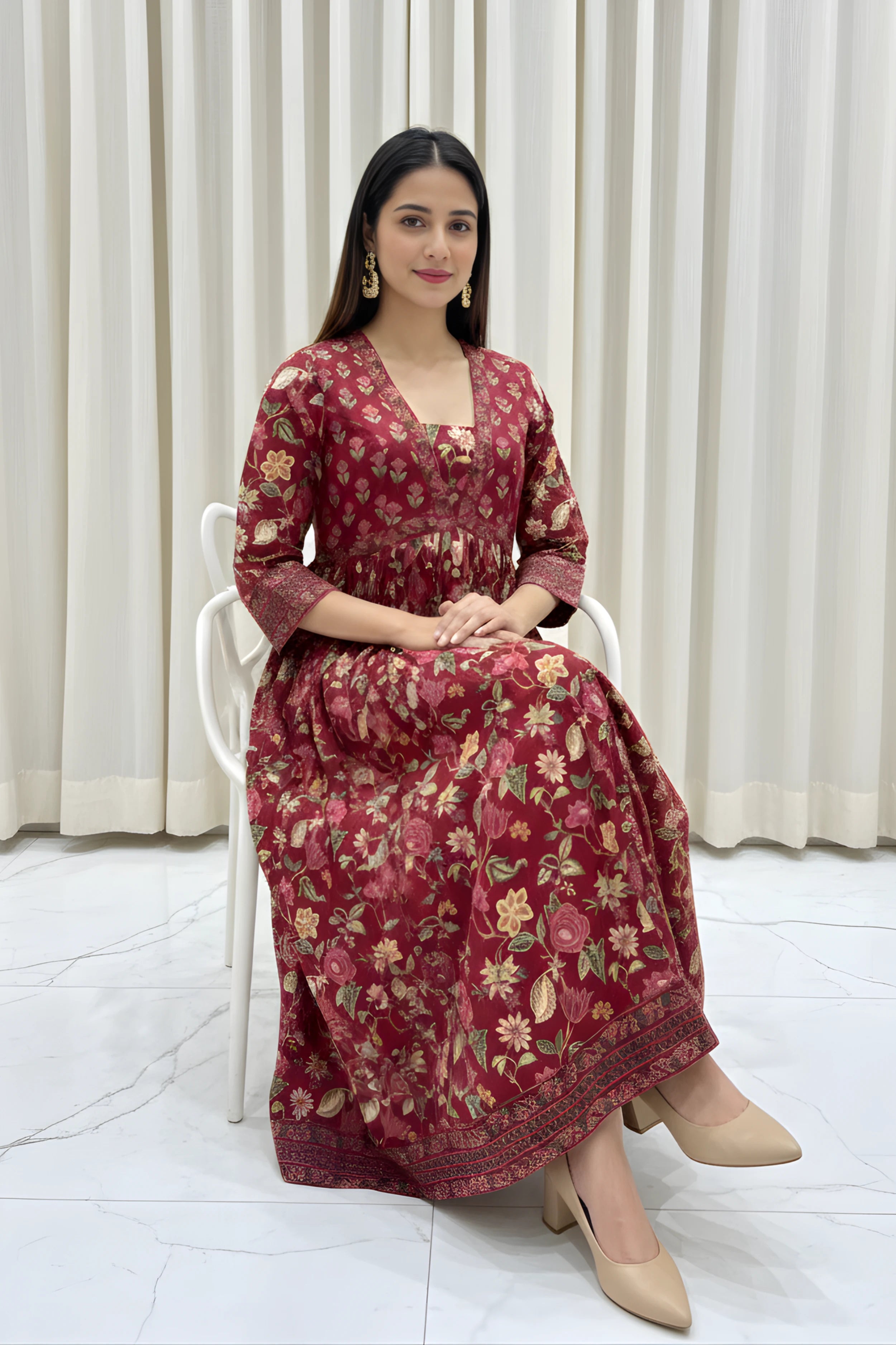 Wine Flared Anarkali Cotton Kurta with Floral Print