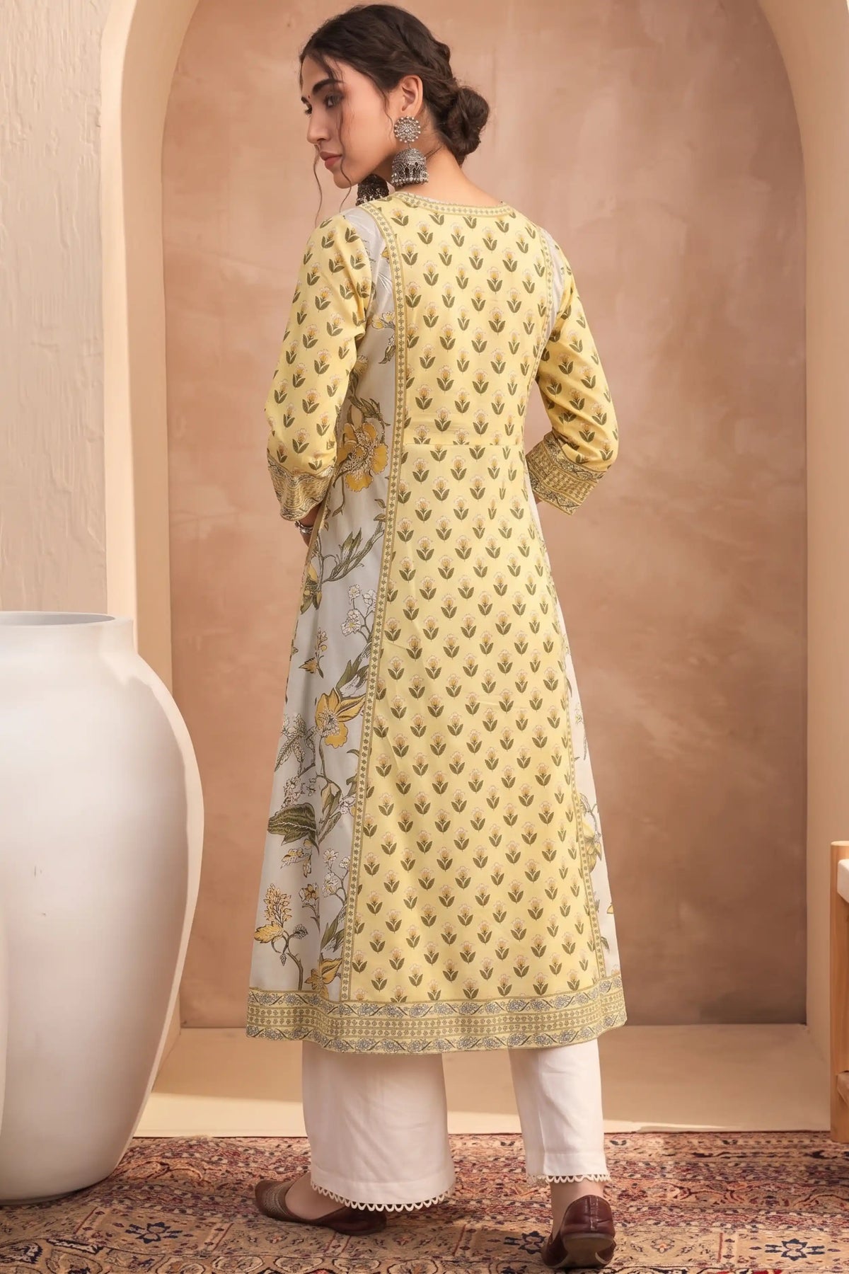 Light Yellow Hand Printed A-line Kurta