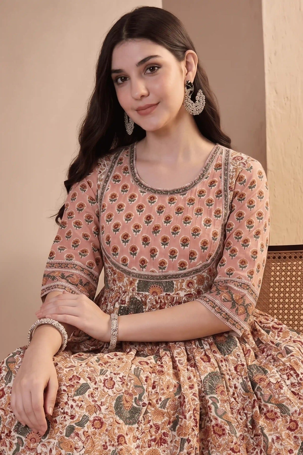 Peach Hand Block Printed Anarkali Dress with Peacock Motifs