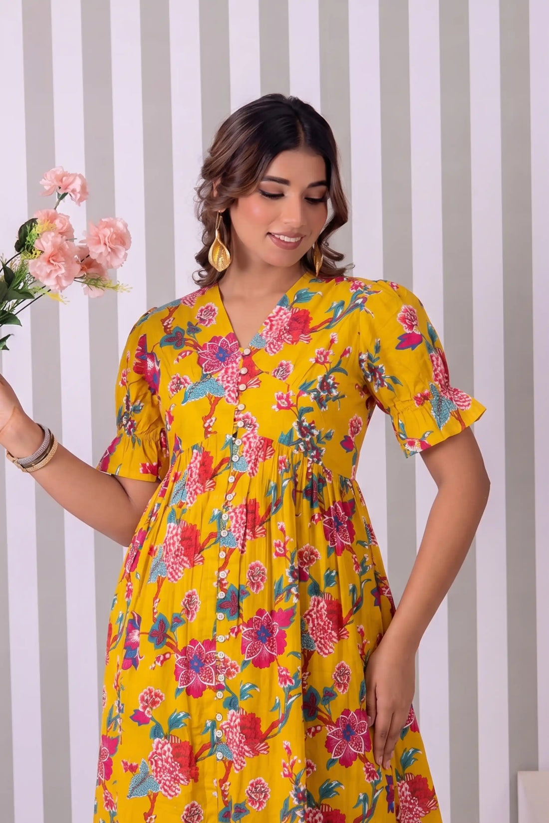 Mustard Hand Printed V-Neck Front-Open Long Dress