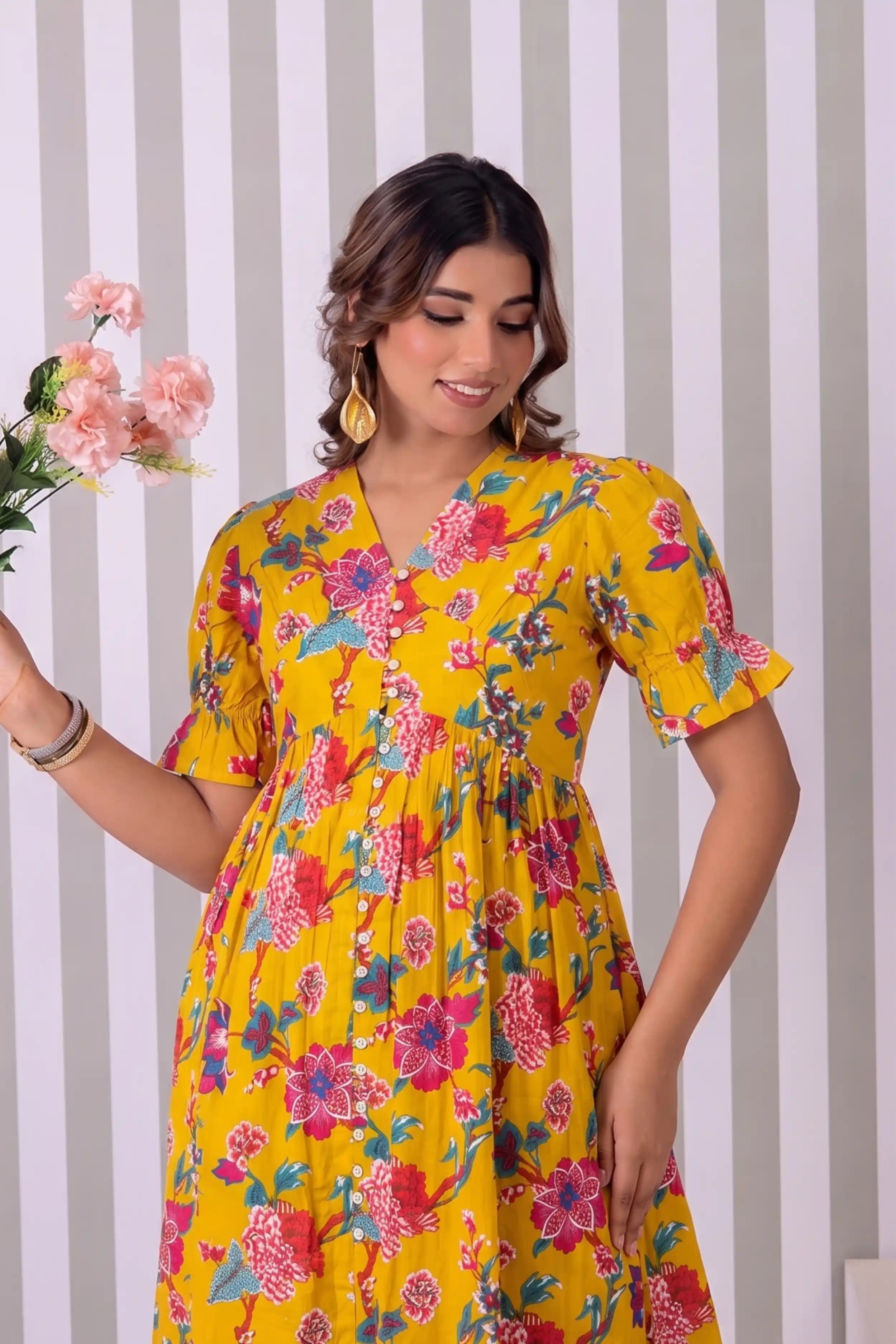 Mustard Hand Printed V-Neck Front-Open Long Dress
