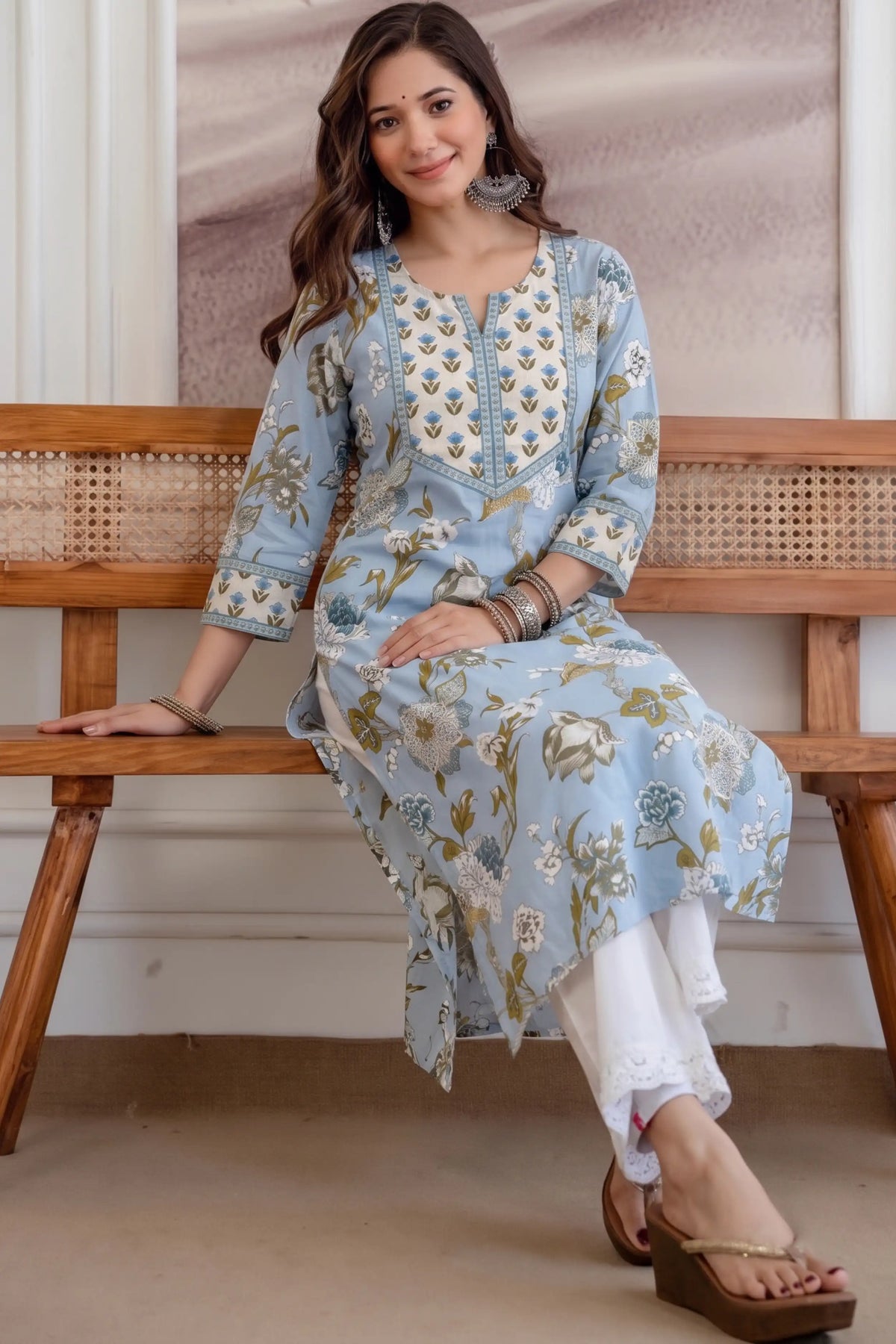 Cream Blue Hand Printed Straight cotton Kurta