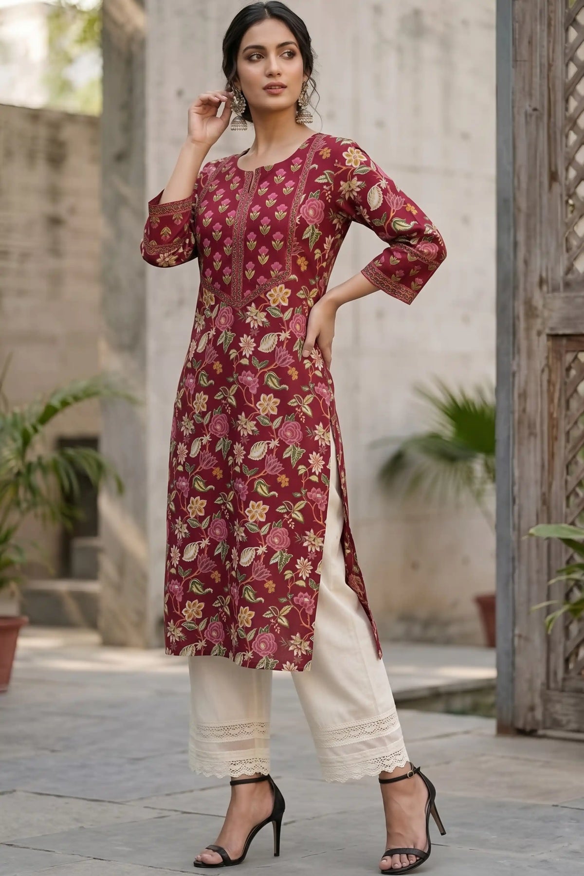 Wine Hand Printed Straight cotton Kurta