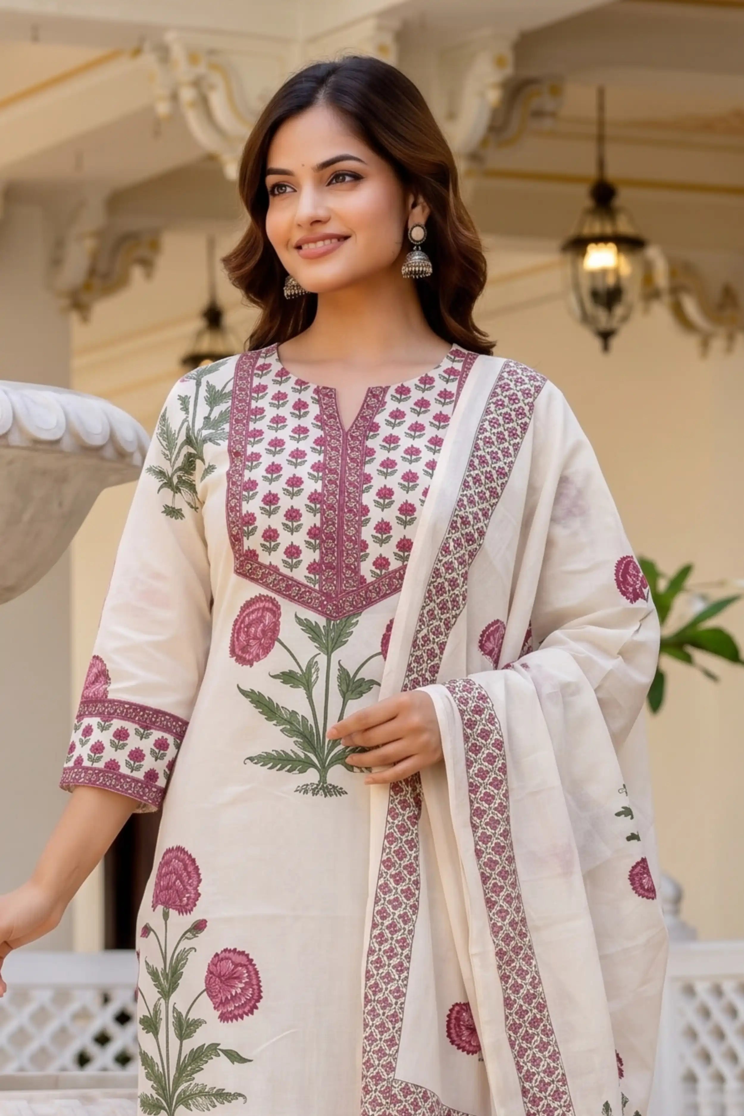 Pink Straight Kurta Set with Cotton Dupatta