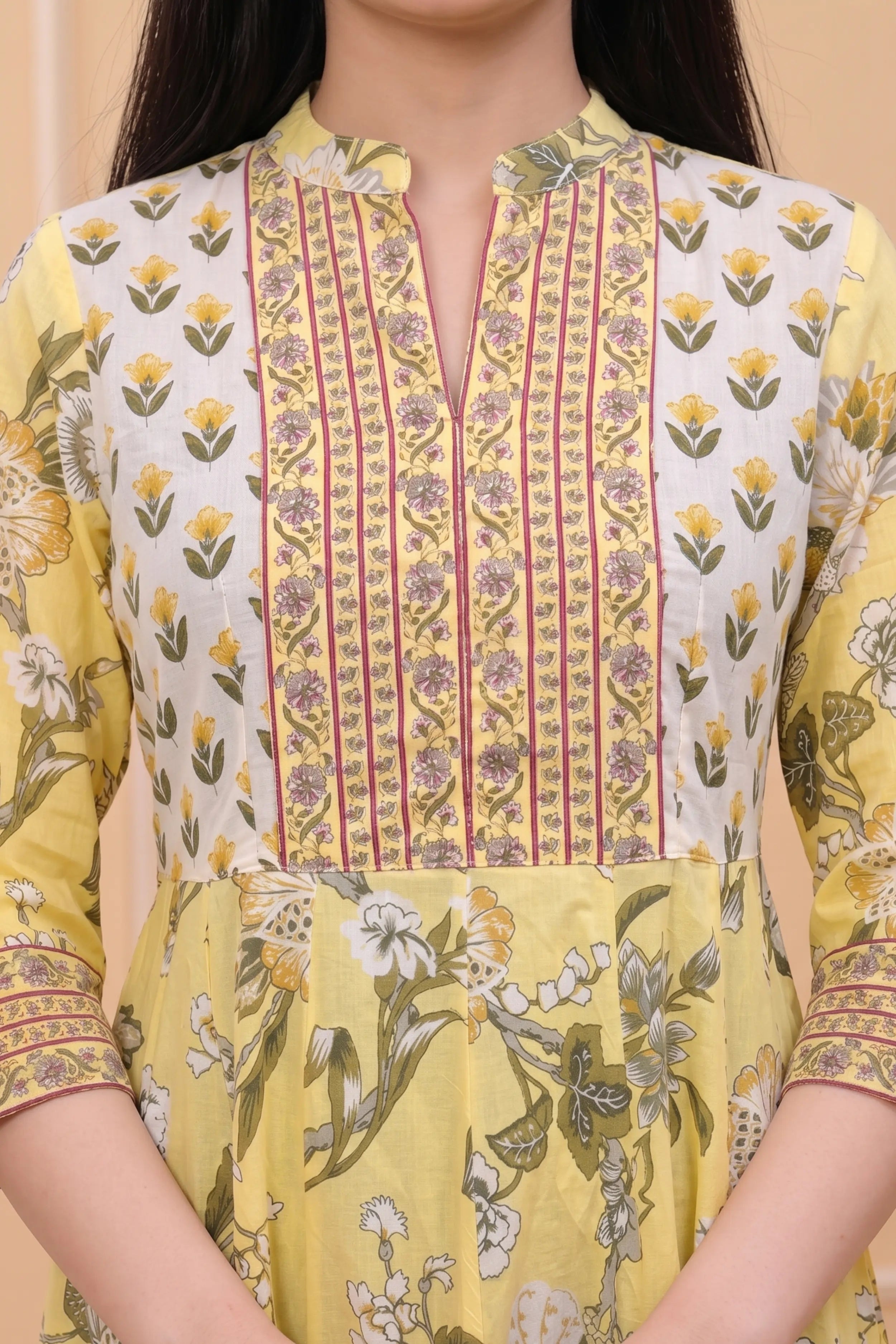 Yellow Floral Hand Printed Anarkali Maxi Dress