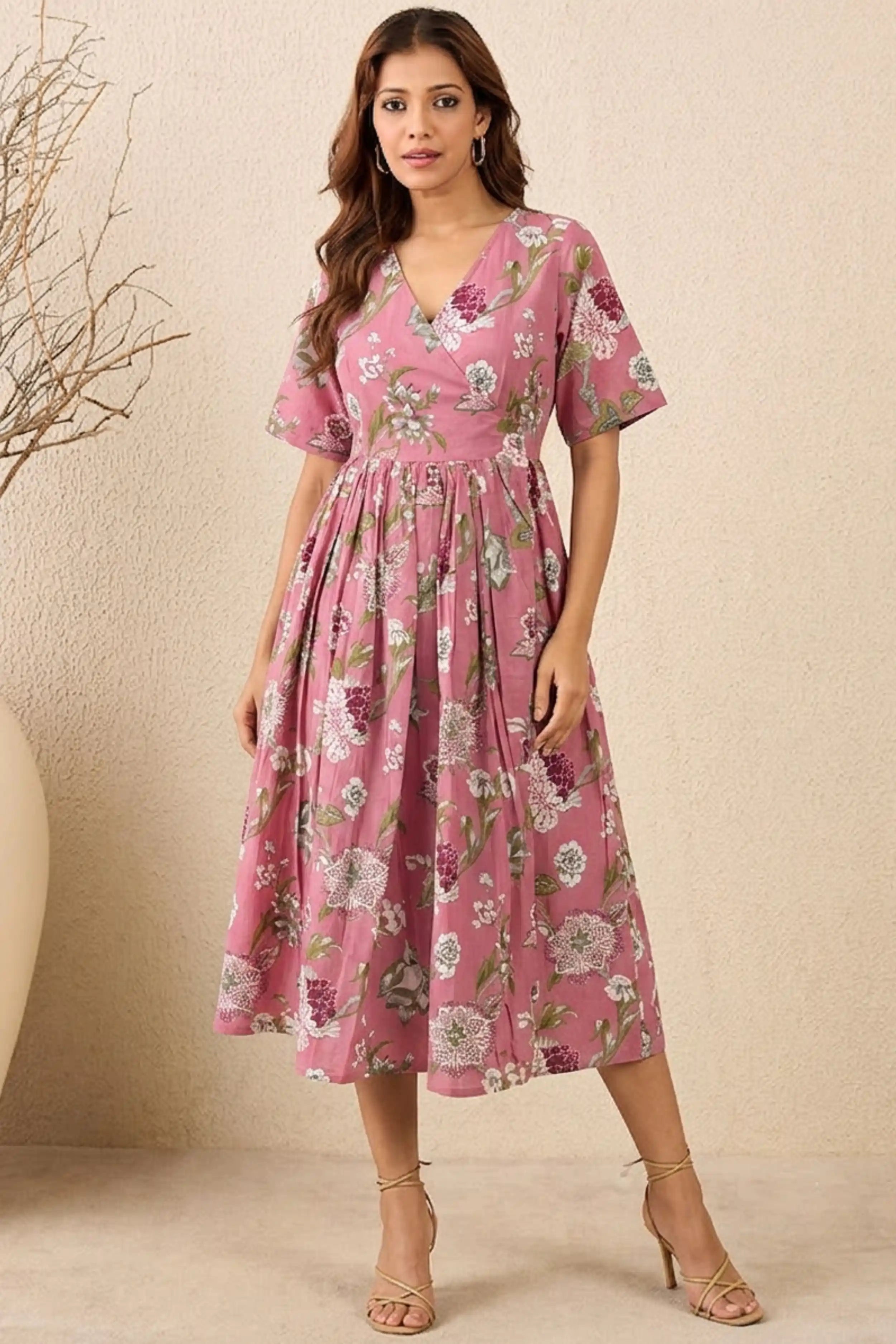 Pink Hand Printed V-Neck Midi Dress In Angrakha style