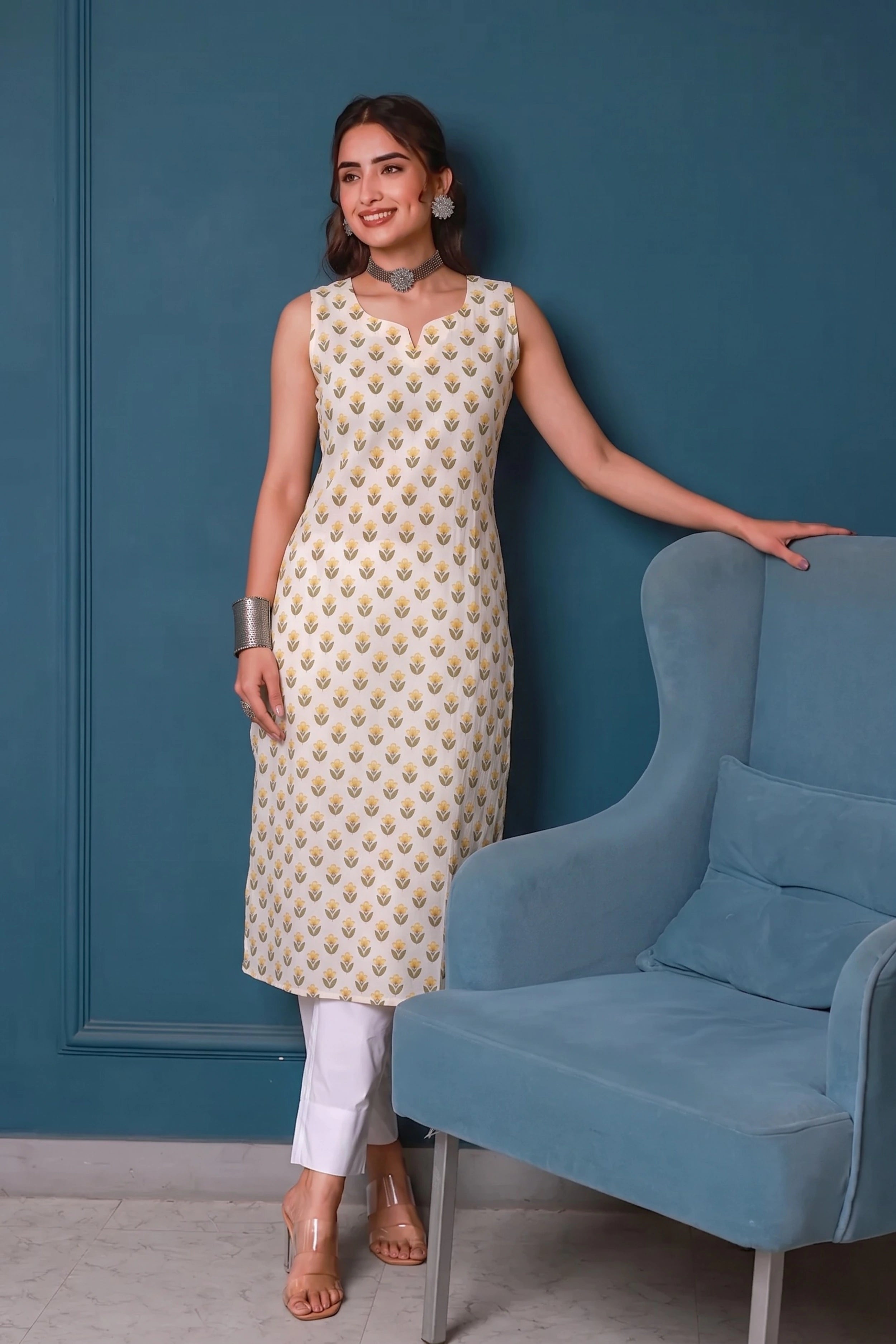 Yellow Hand Printed Sleeveless Straight Kurta