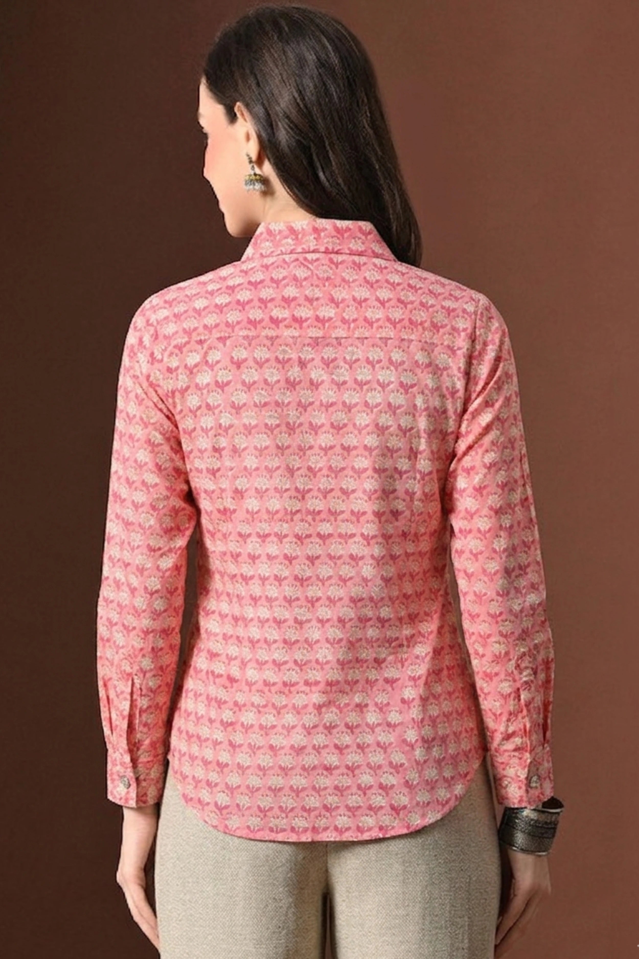 Coral Pink Hand Block Printed Collared Shirt