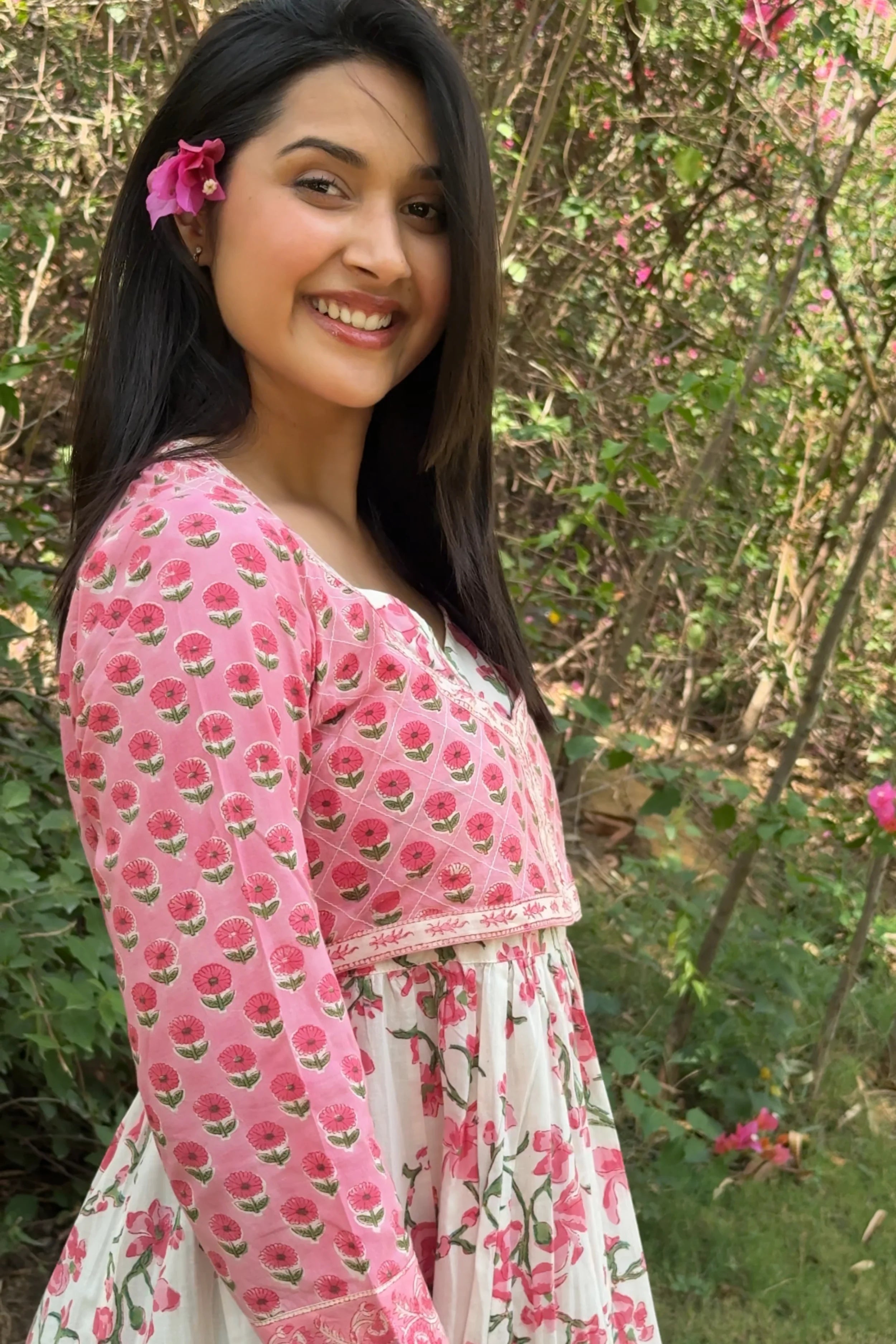 Baby Pink Hand Block Floral Printed Anarkali Maxi Kurta
