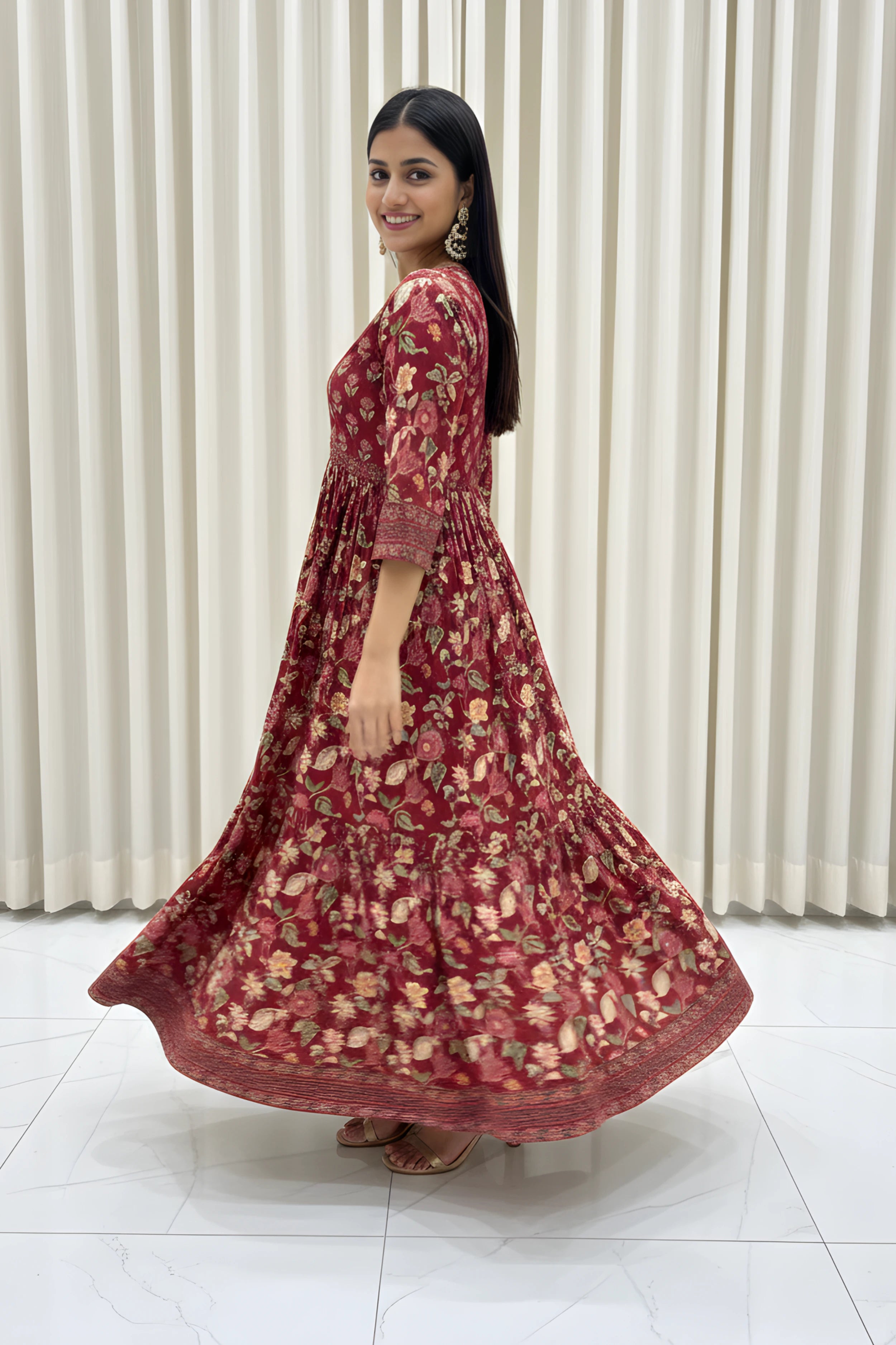 Wine Flared Anarkali Cotton Kurta with Floral Print