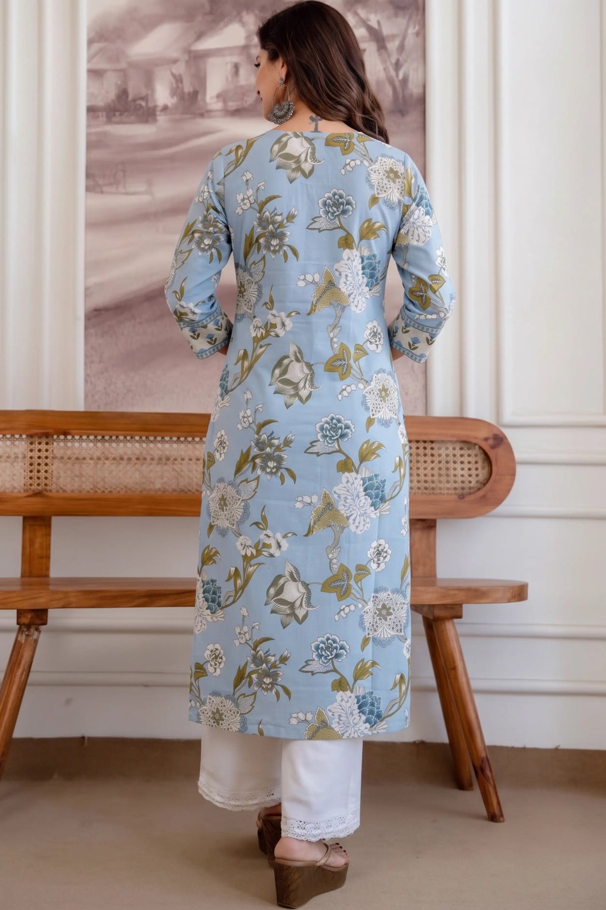 Cream Blue Hand Printed Straight cotton Kurta
