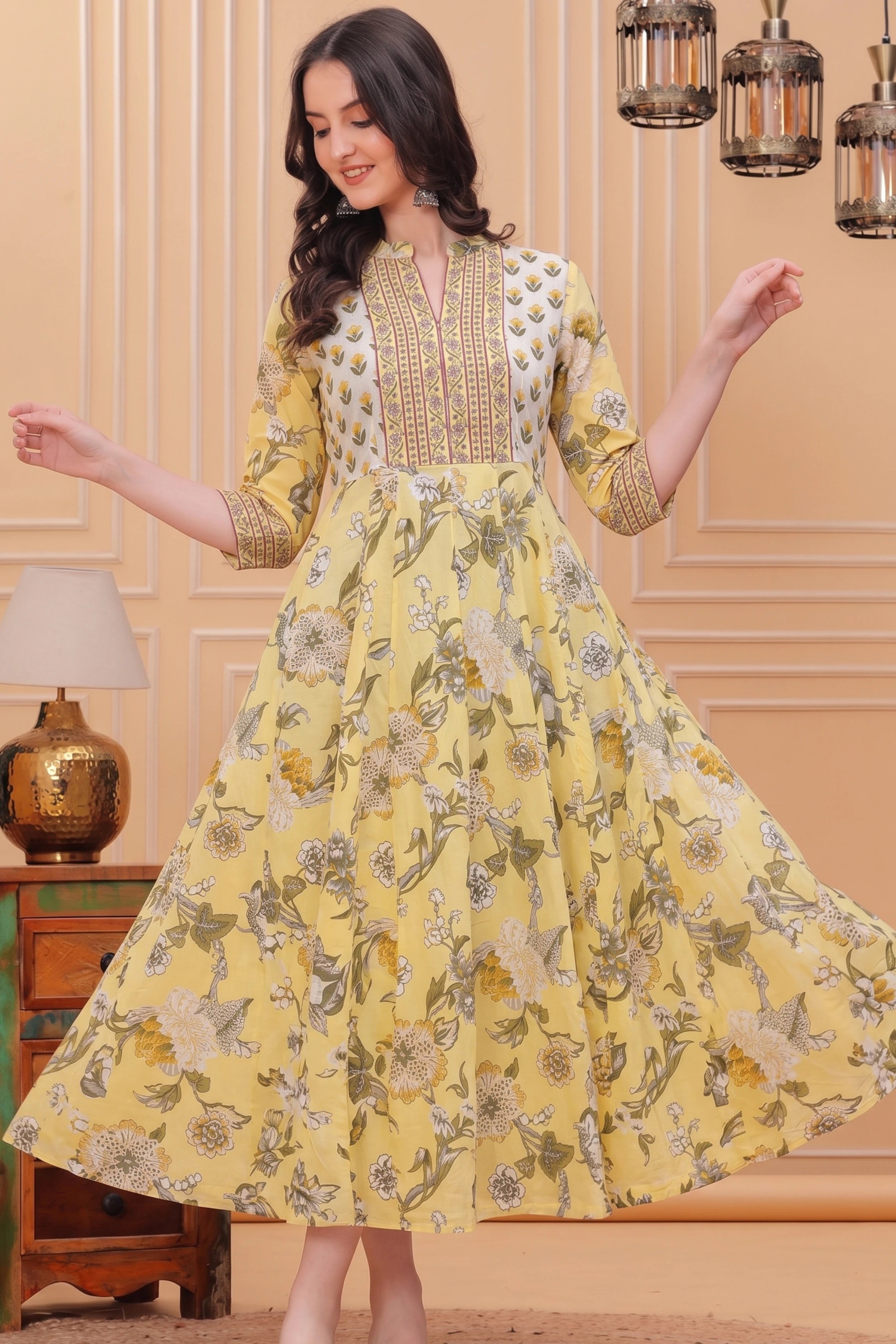 Yellow Floral Hand Printed Anarkali Maxi Dress