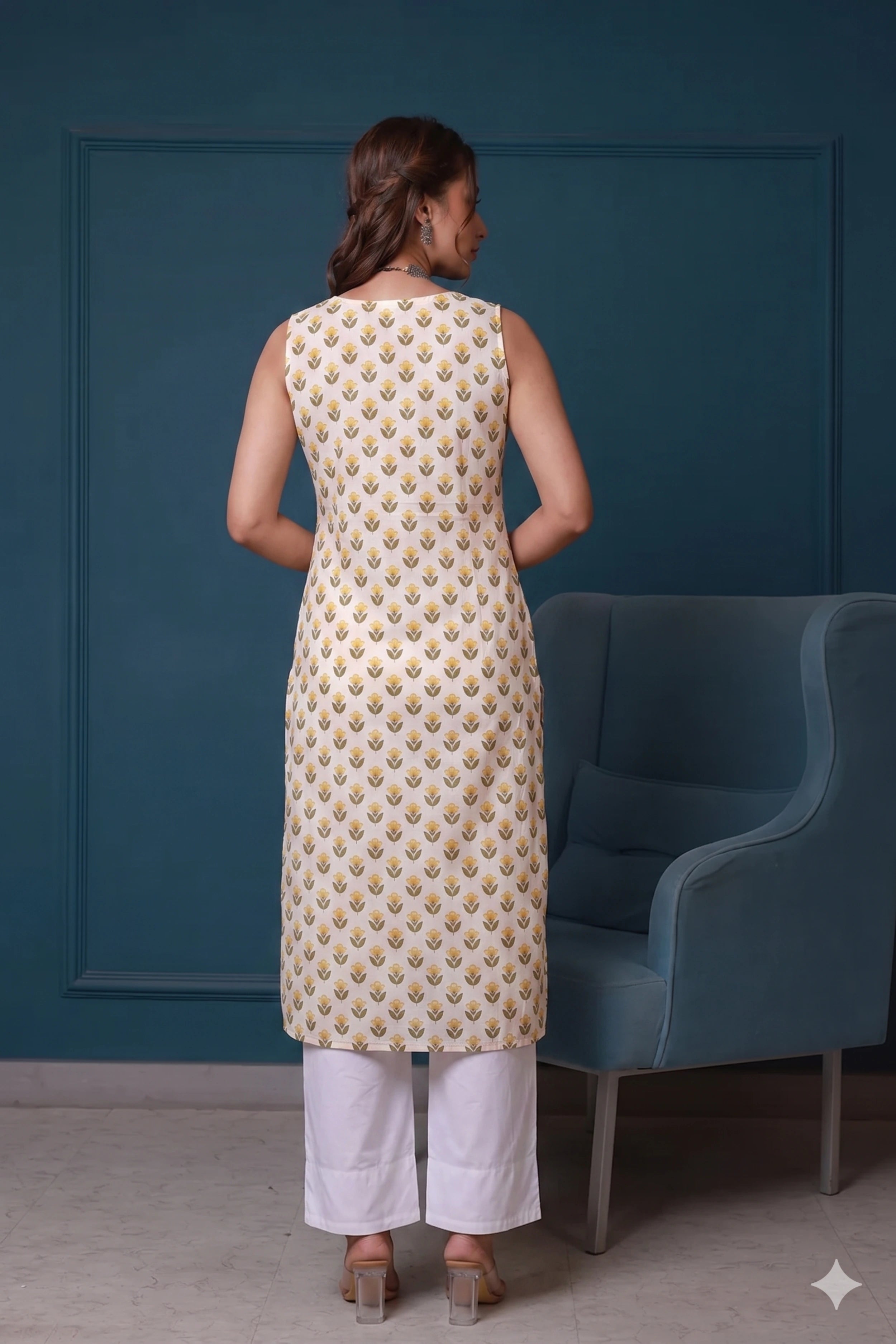 Yellow Hand Printed Sleeveless Straight Kurta