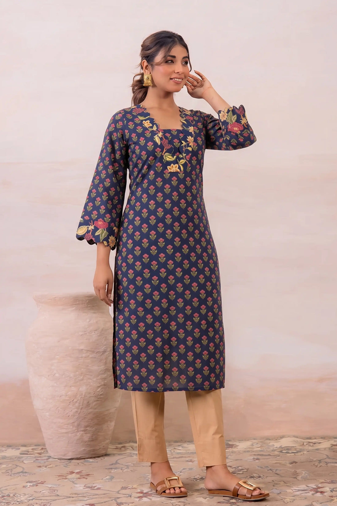 Blue Floral Printed Cotton Straight Kurta